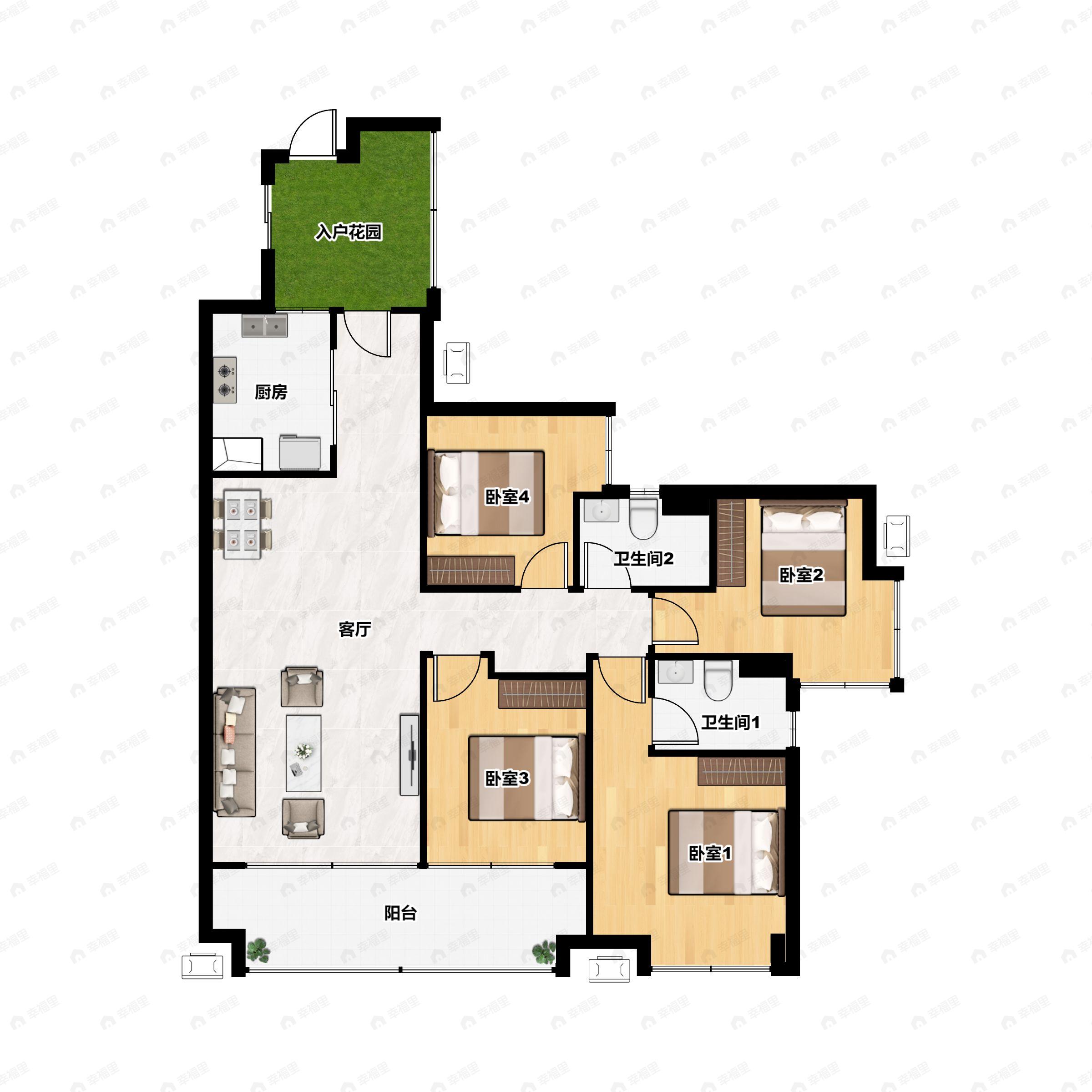 3室2厅2卫建面136m²南户型图