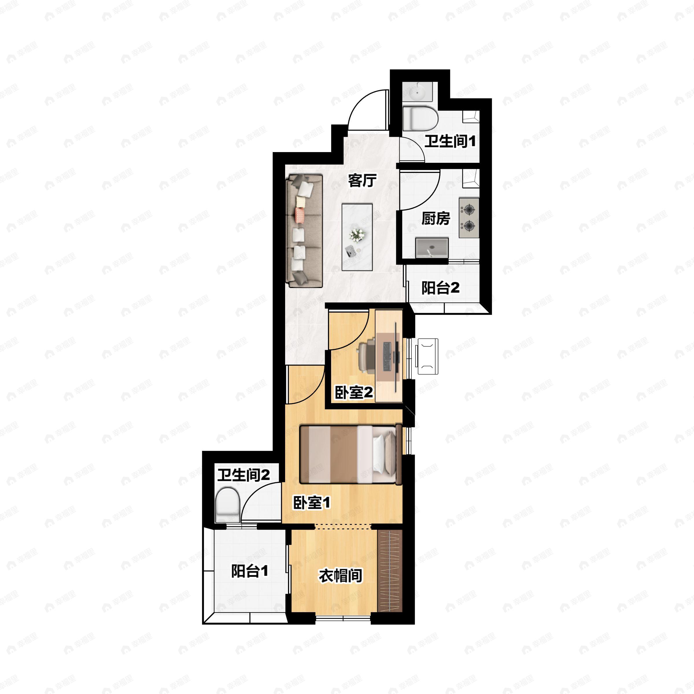 2室1厅2卫建面70m²南户型图