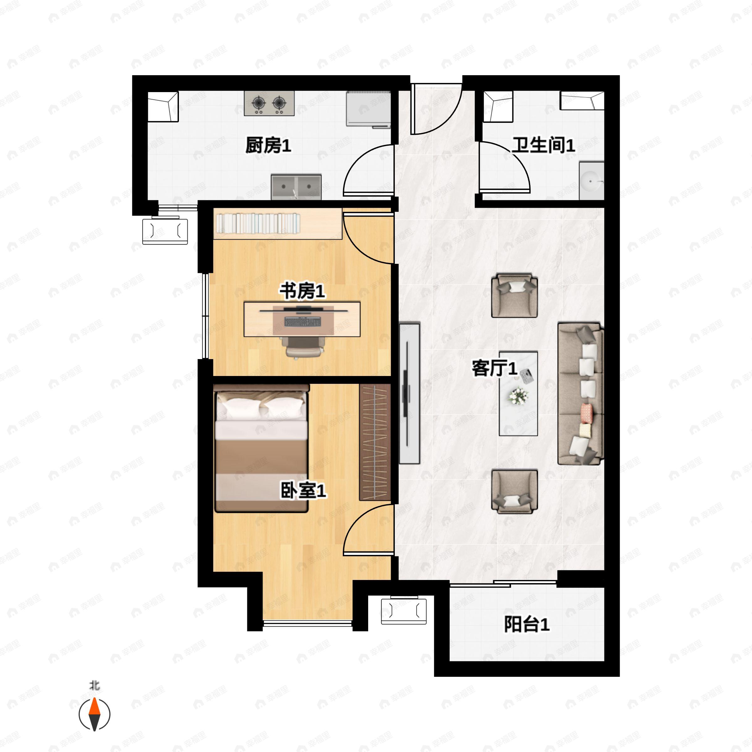 2室2厅1卫建面84m²西南户型图