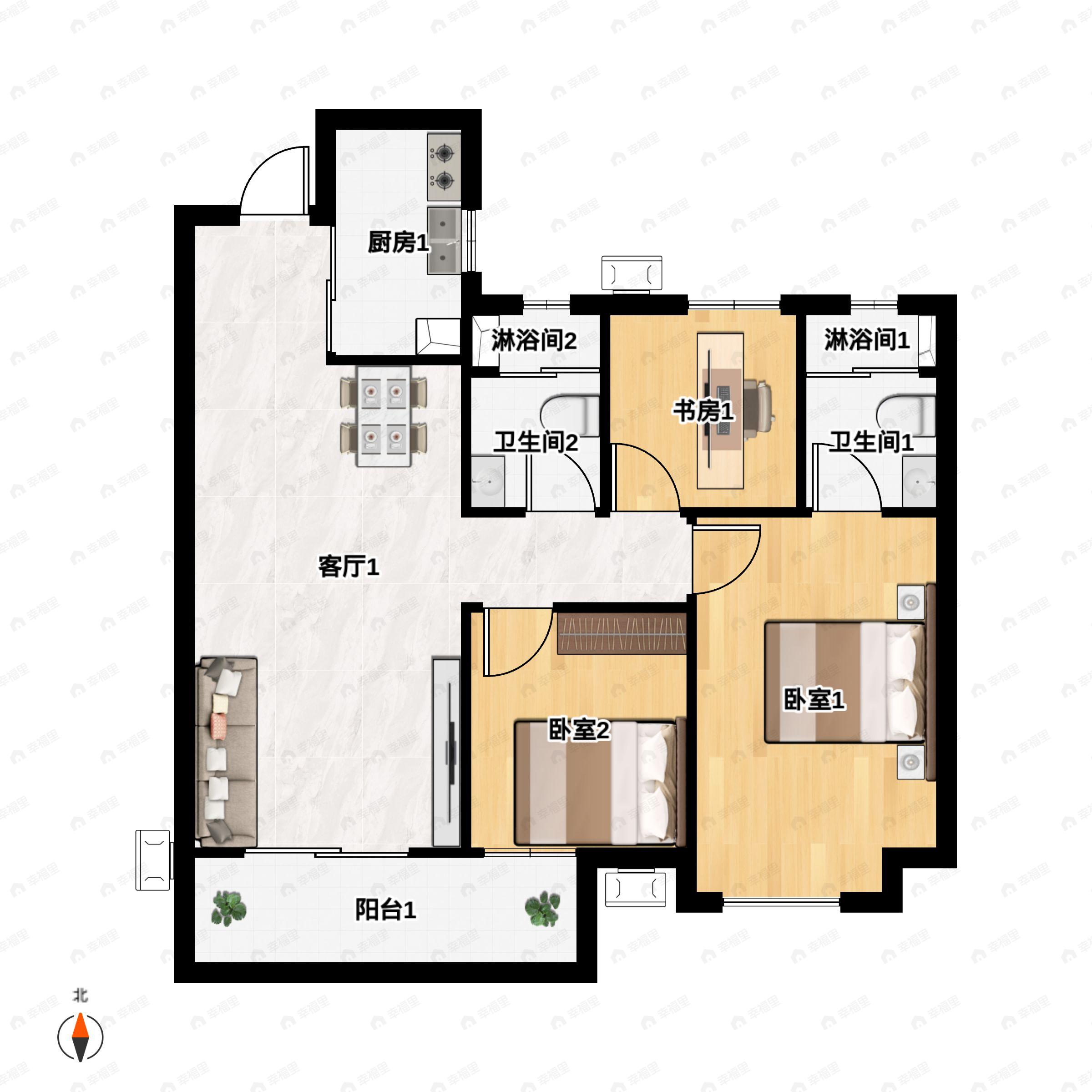 3室2厅2卫建面108平户型图