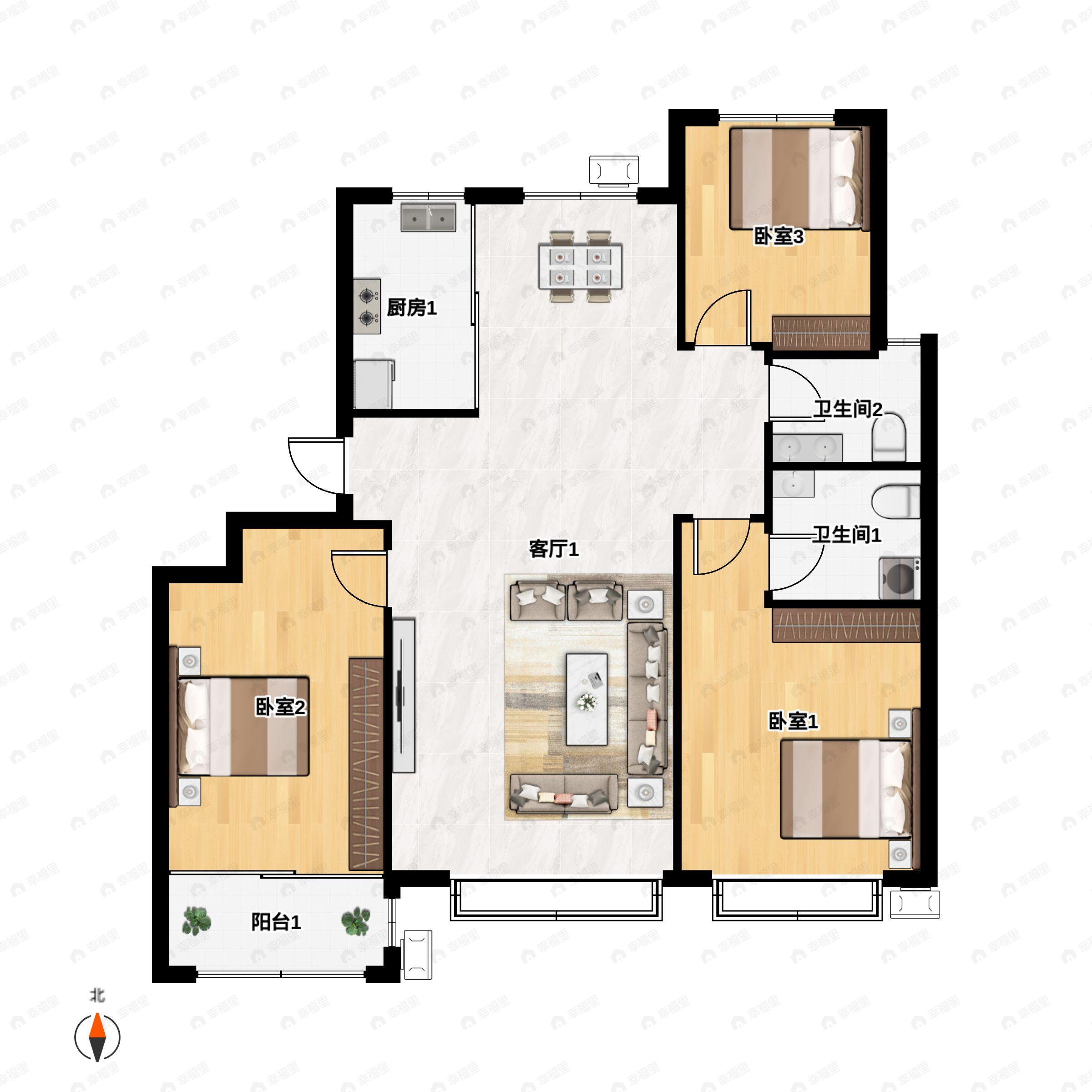 3室2厅2卫建面105平户型图