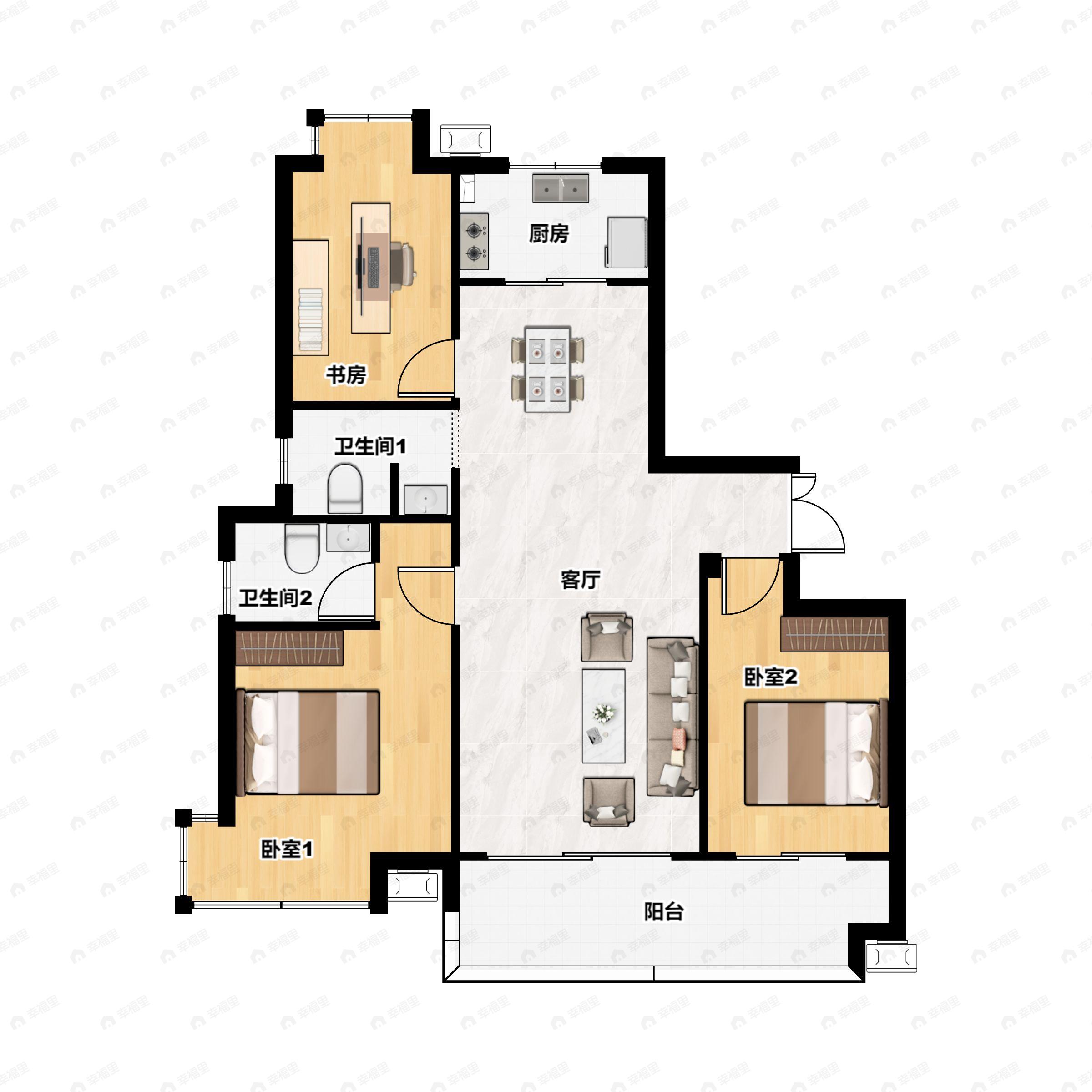 3室2厅2卫建面127平南户型图