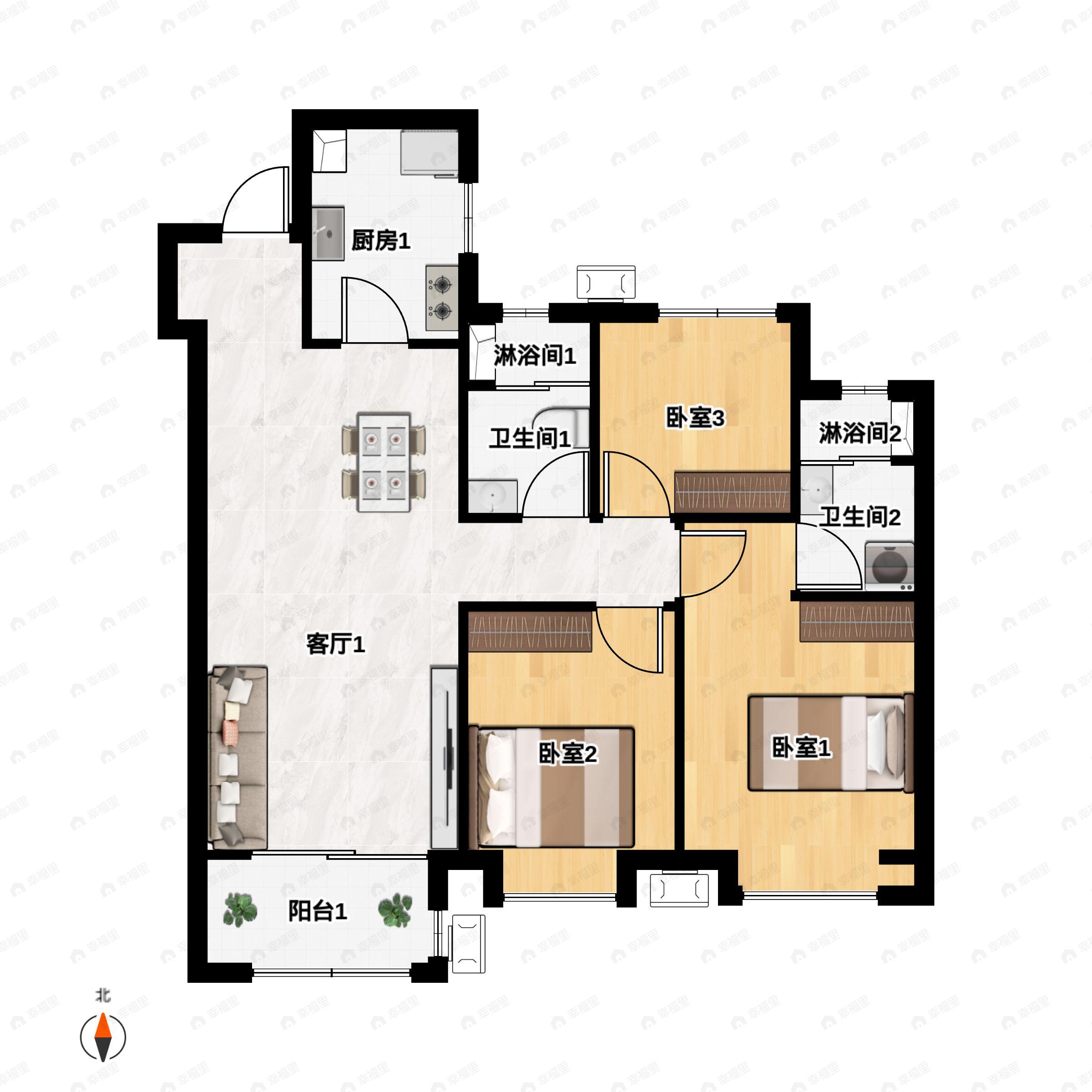 3室2厅2卫建面108平户型图