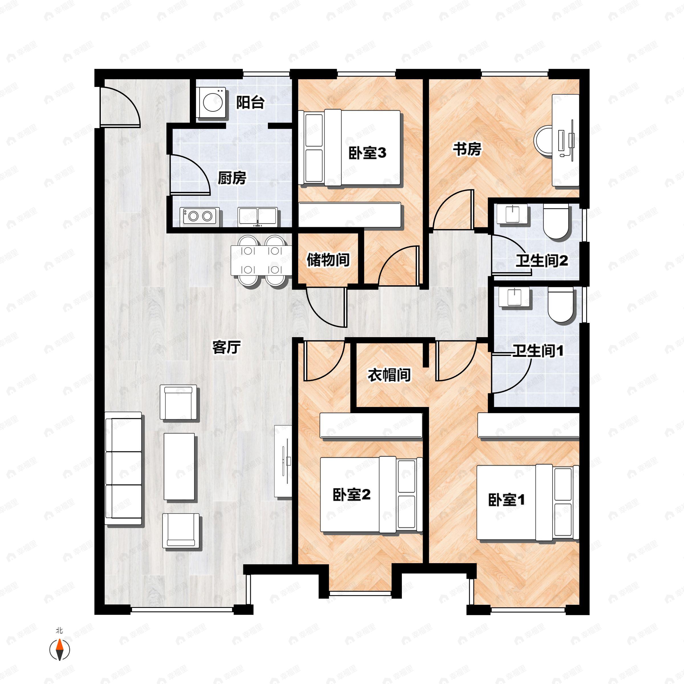 4室2厅2卫建面150平北|南户型图