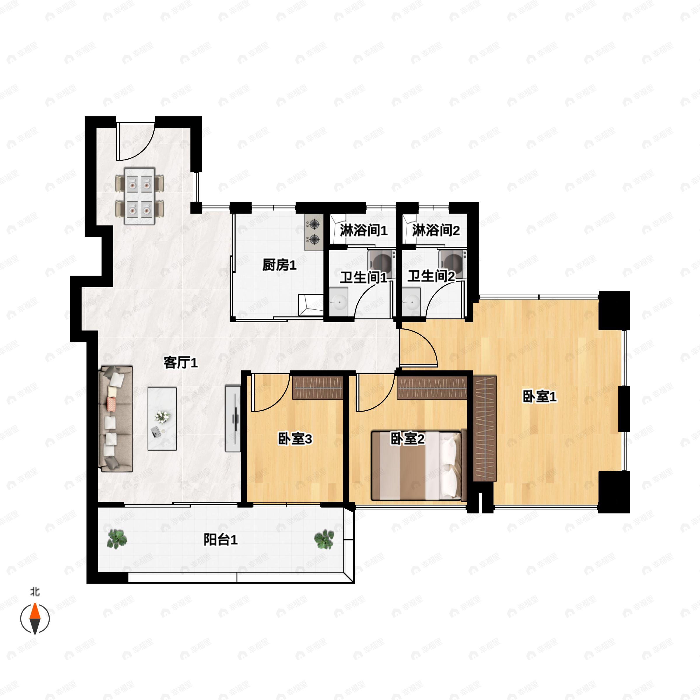 3室2厅2卫建面85m²西南|南户型图