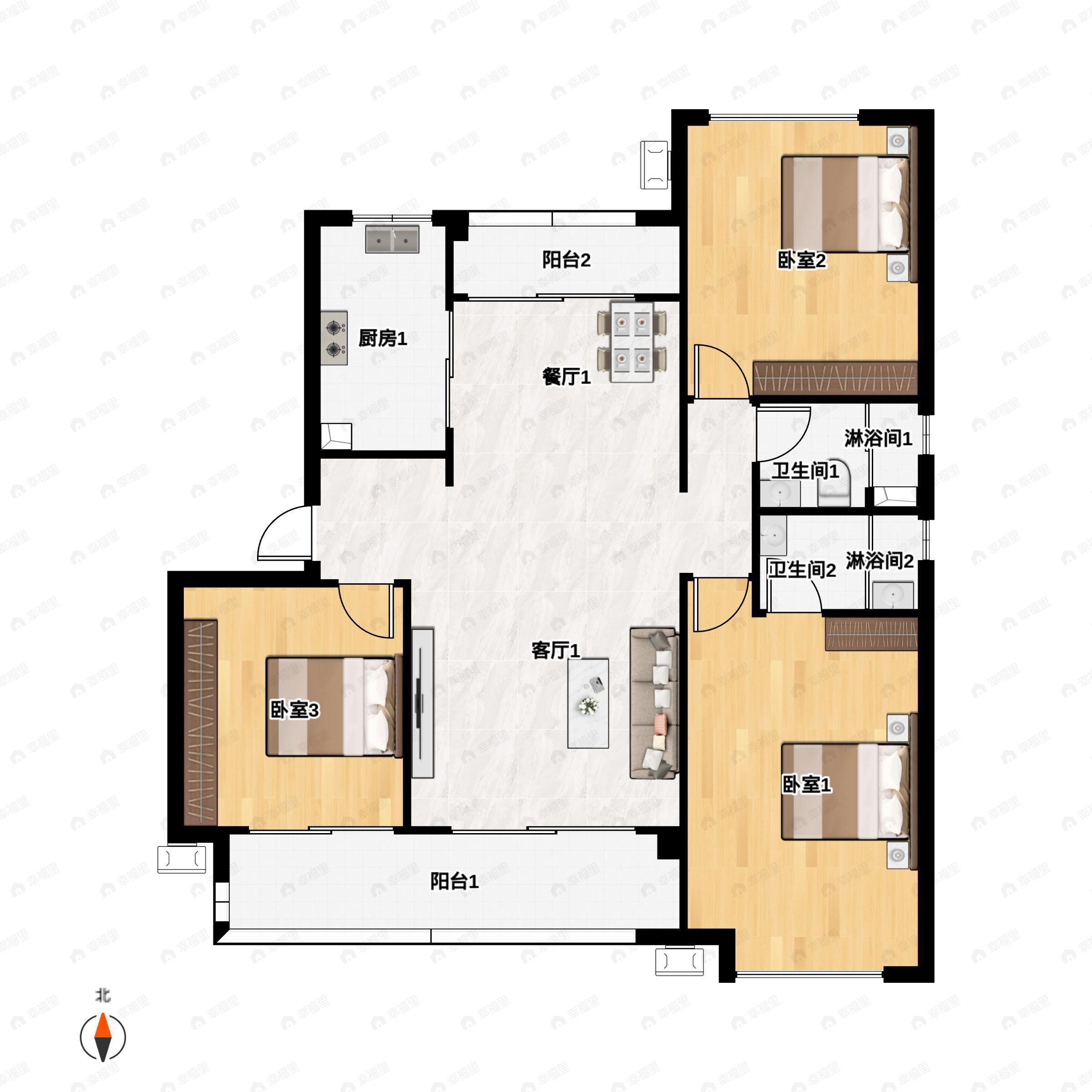 3室2厅2卫建面136平户型图