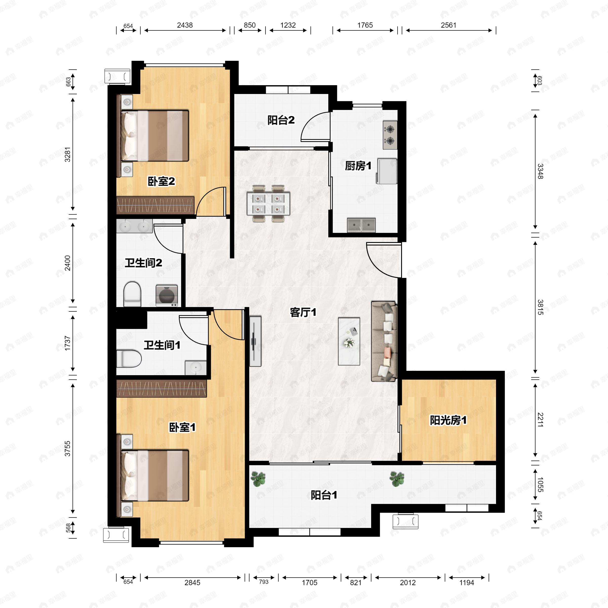 2室2厅2卫建面104m²户型图