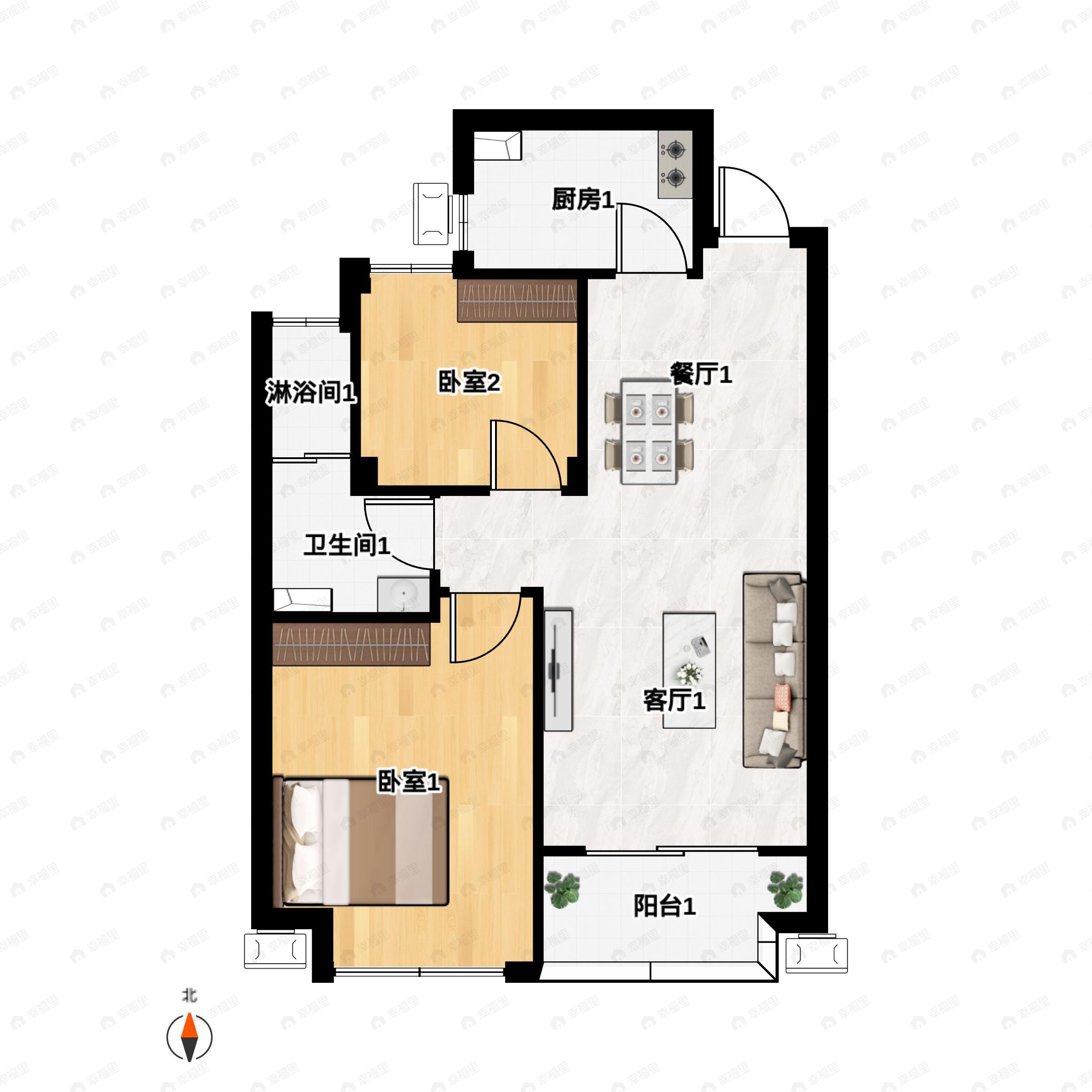 2室2厅1卫建面75m²南户型图