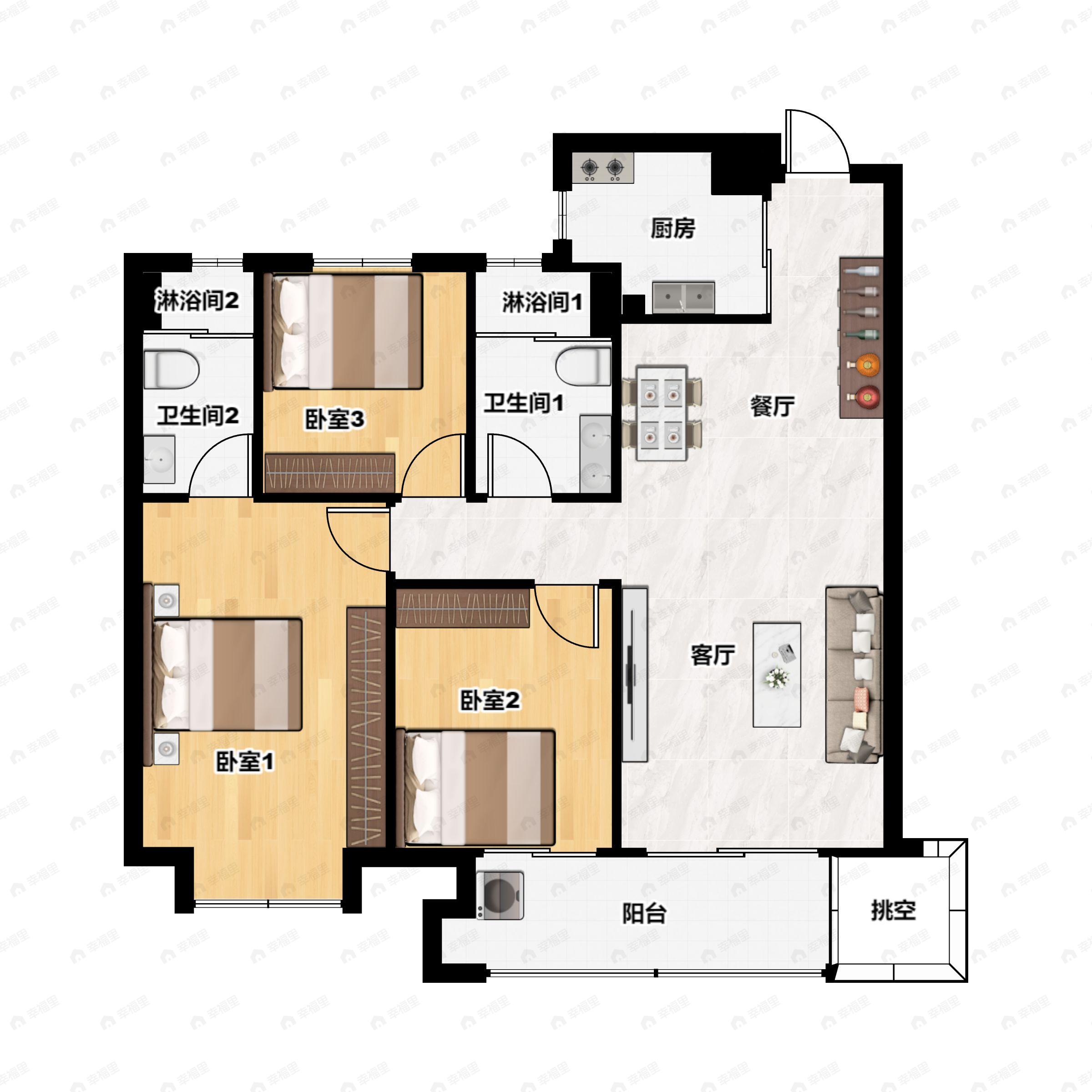 3室2厅2卫建面122m²南|北户型图