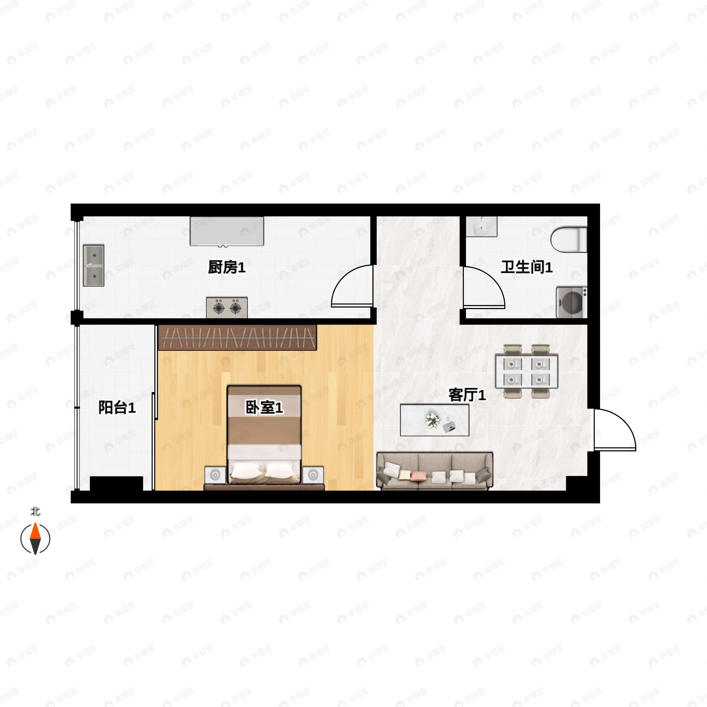 1室1厅1卫建面46m²南户型图