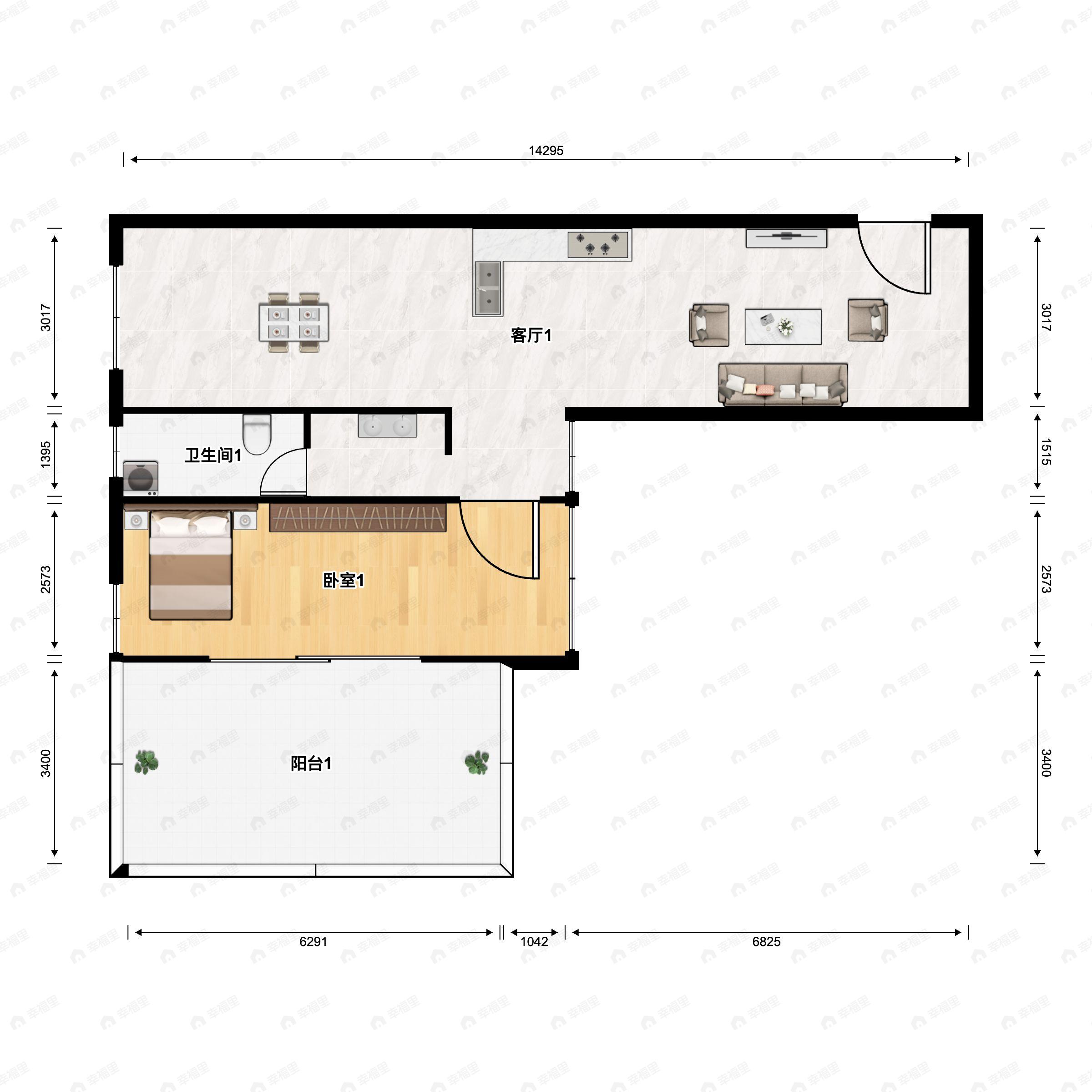 1室2厅1卫建面45m²南|北户型图