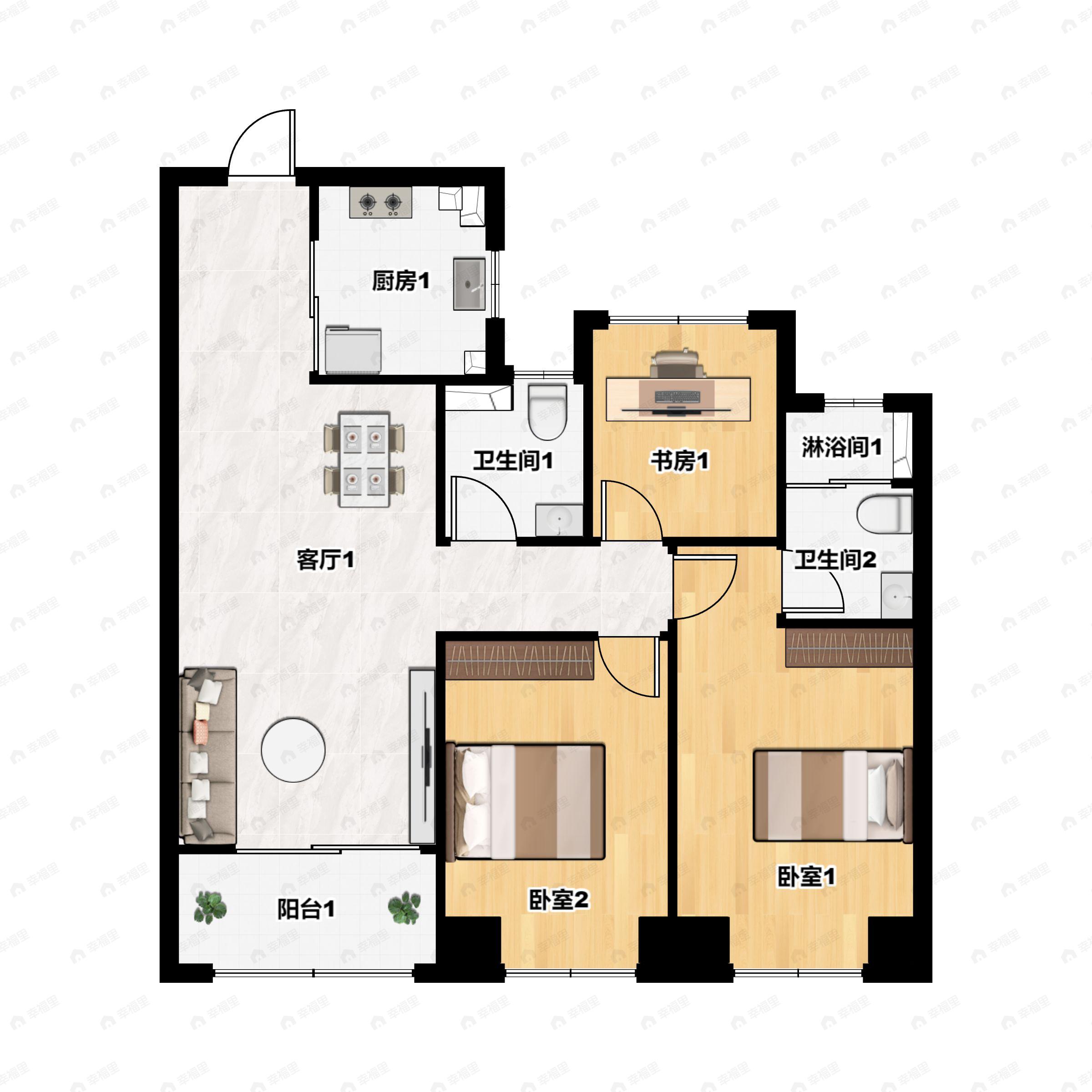 3室2厅2卫建面96m²南户型图