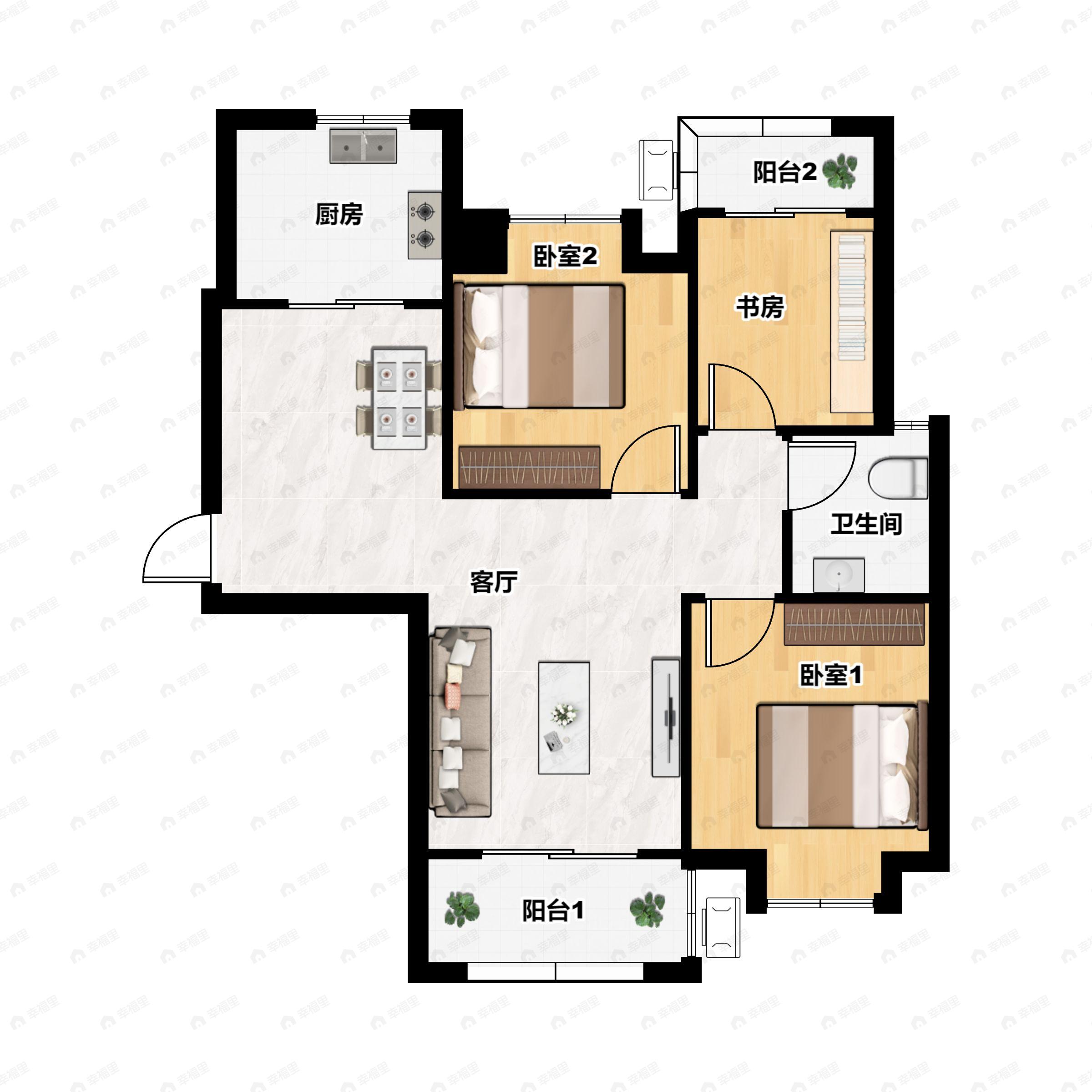 3室2厅1卫建面100平南|北户型图