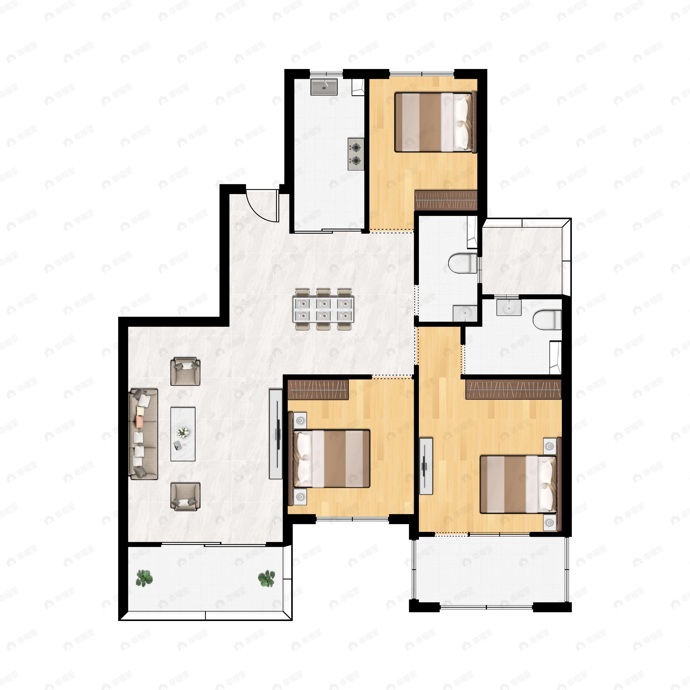 3室2厅2卫建面130m²北|南户型图