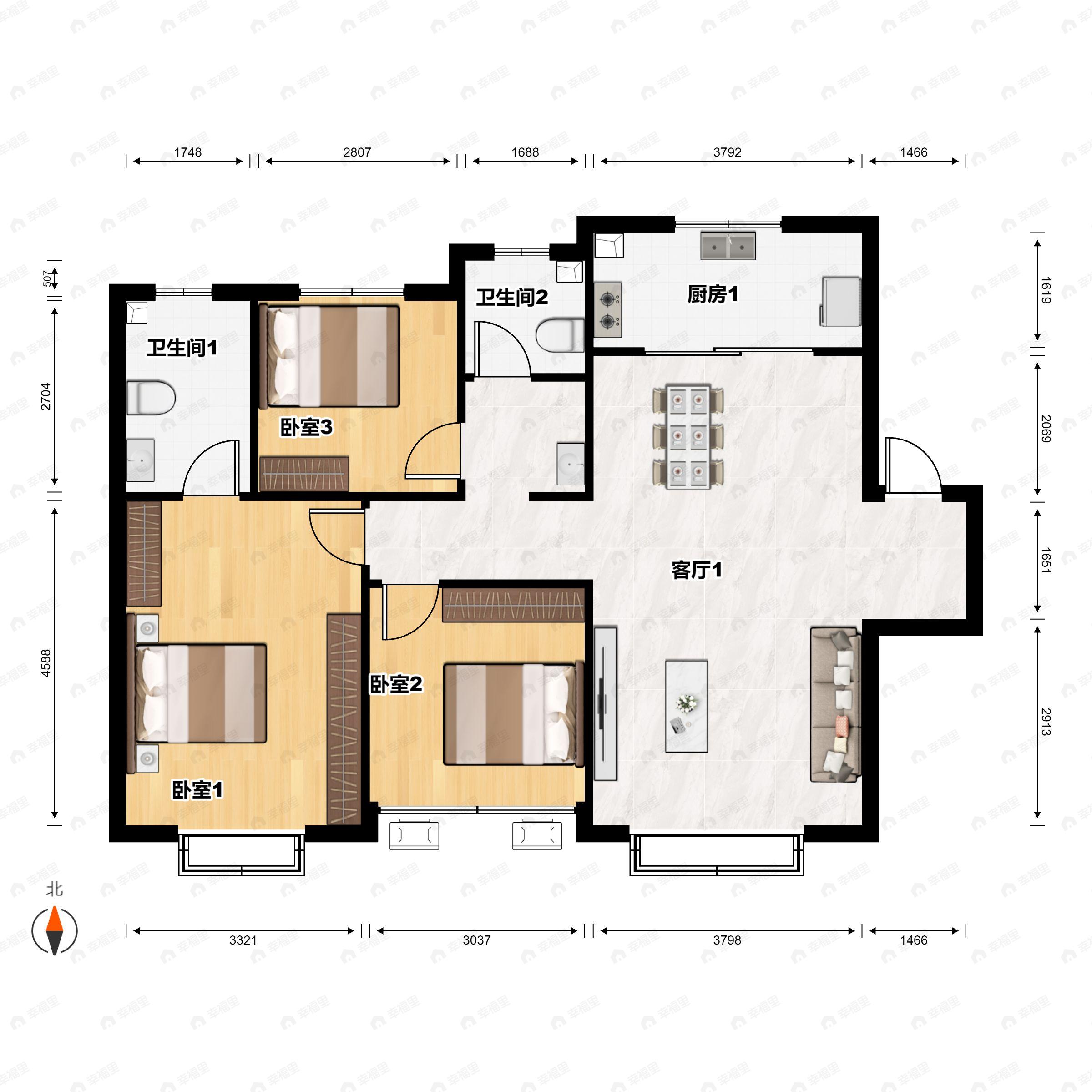 3室2厅2卫建面115平南|北户型图