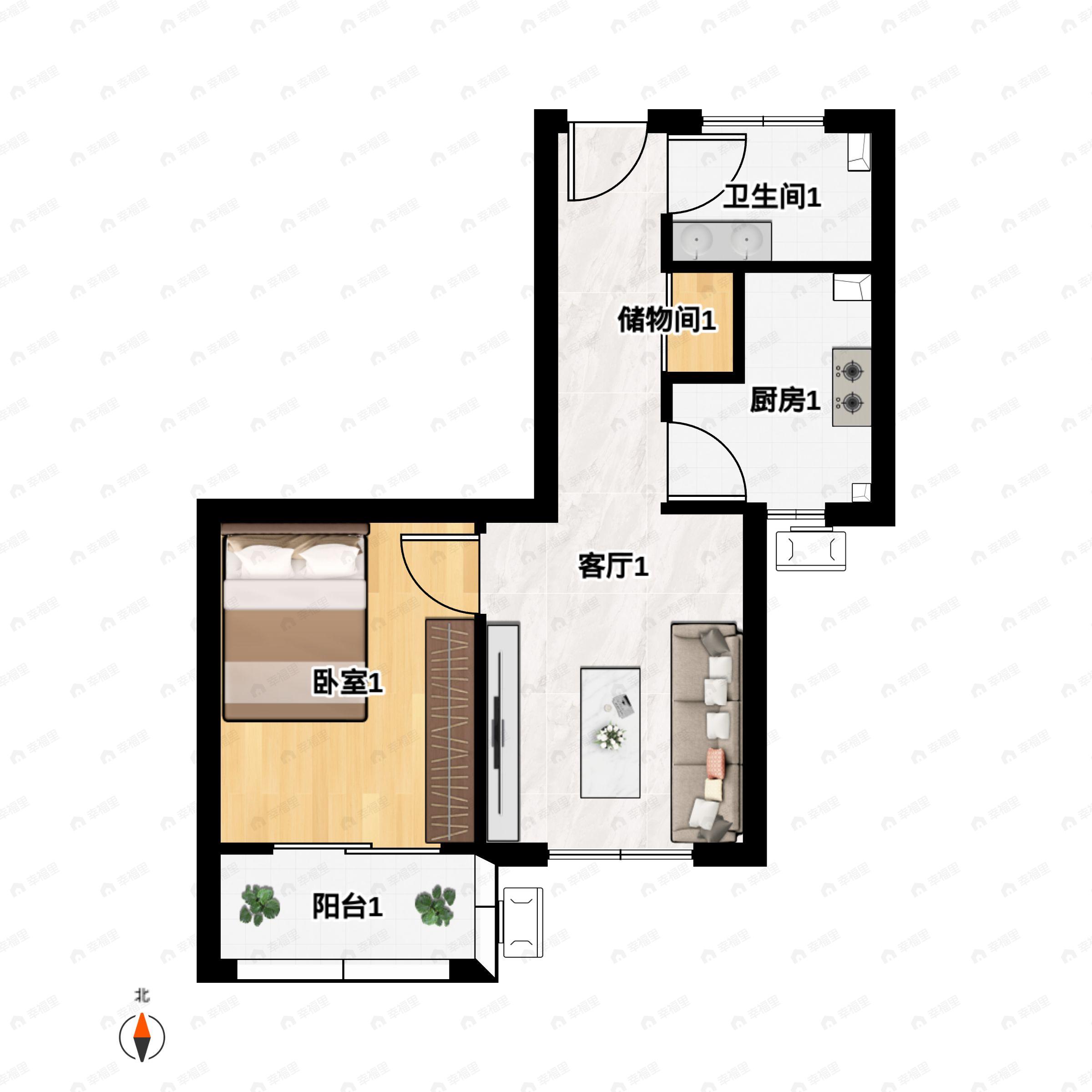 1室1厅1卫建面62平户型图