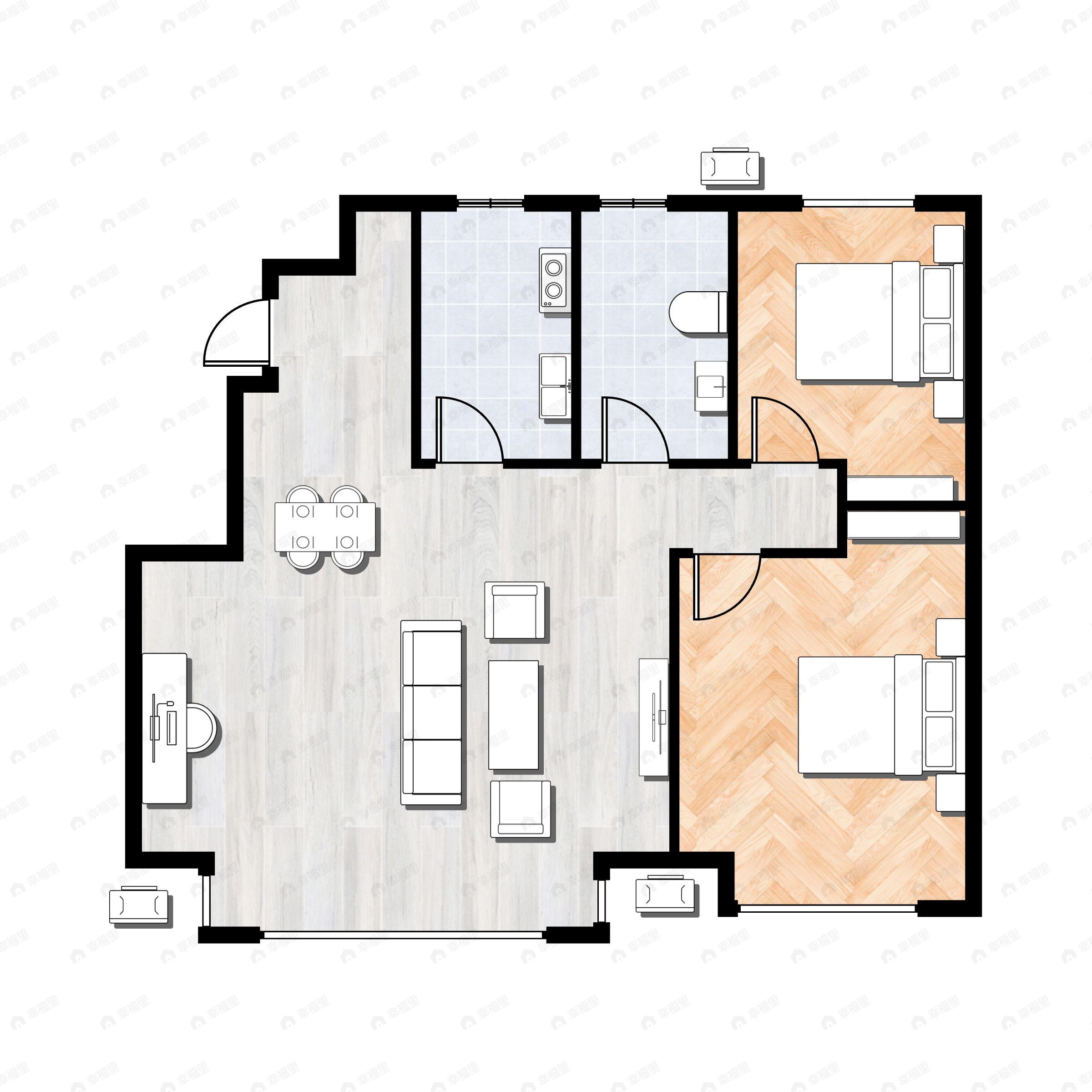 2室2厅1卫建面82m²北|南户型图