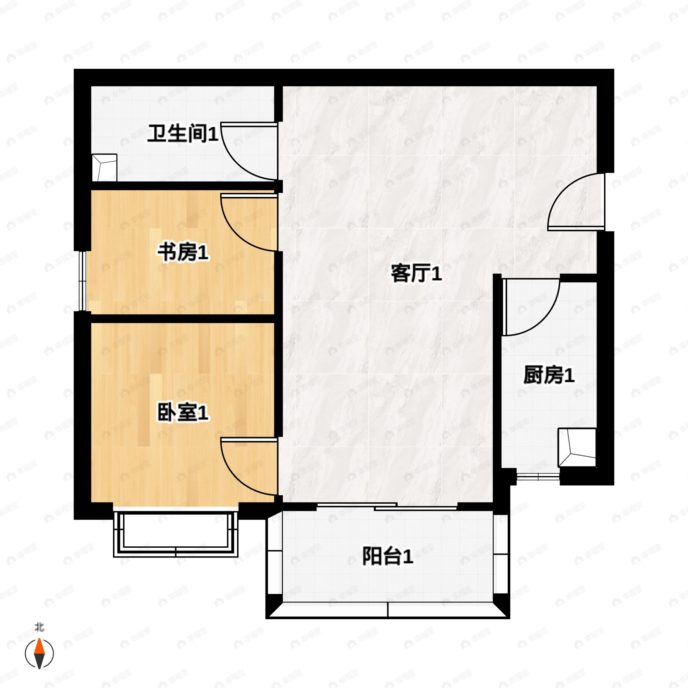 2室2厅1卫建面76m²北户型图