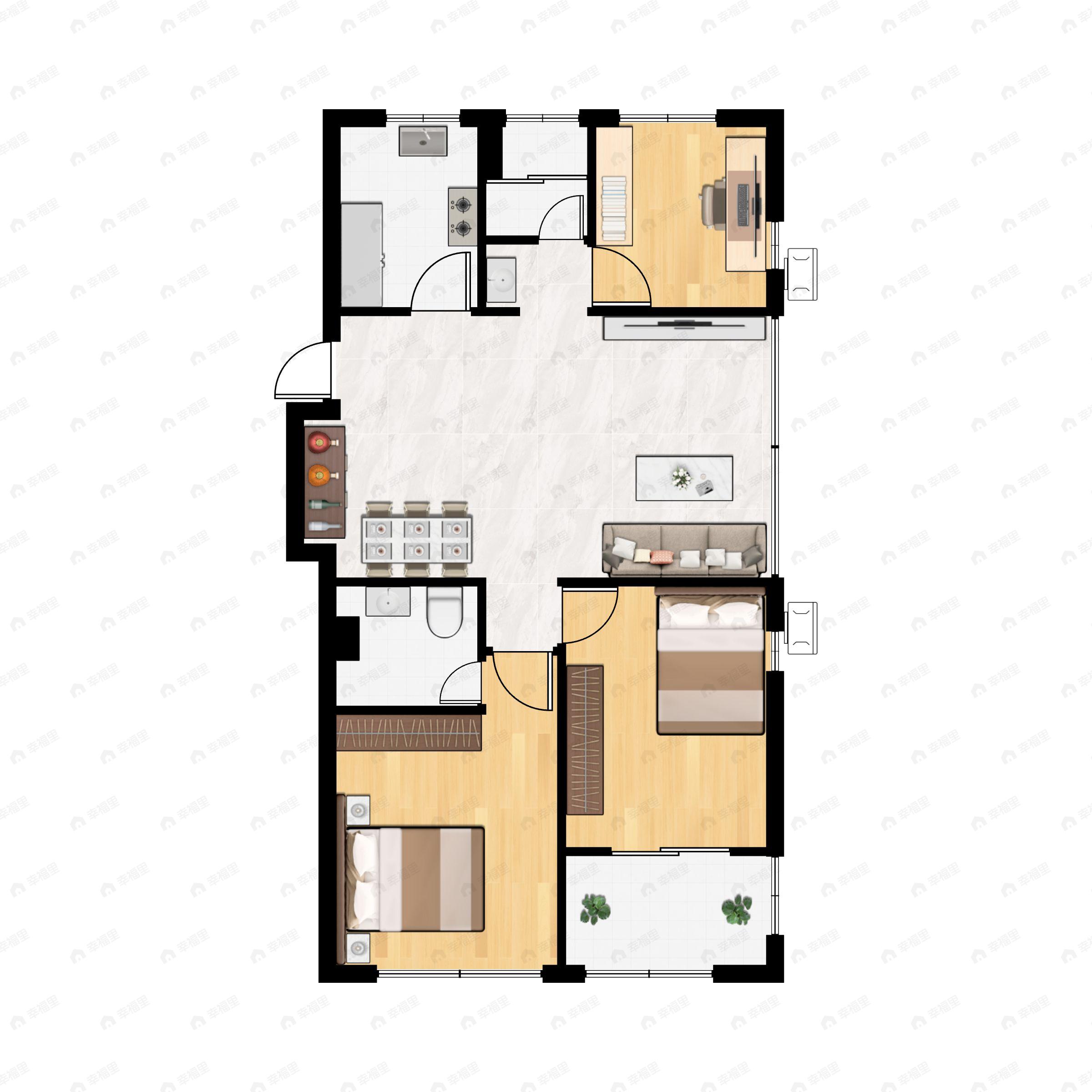 3室2厅2卫建面88平南户型图