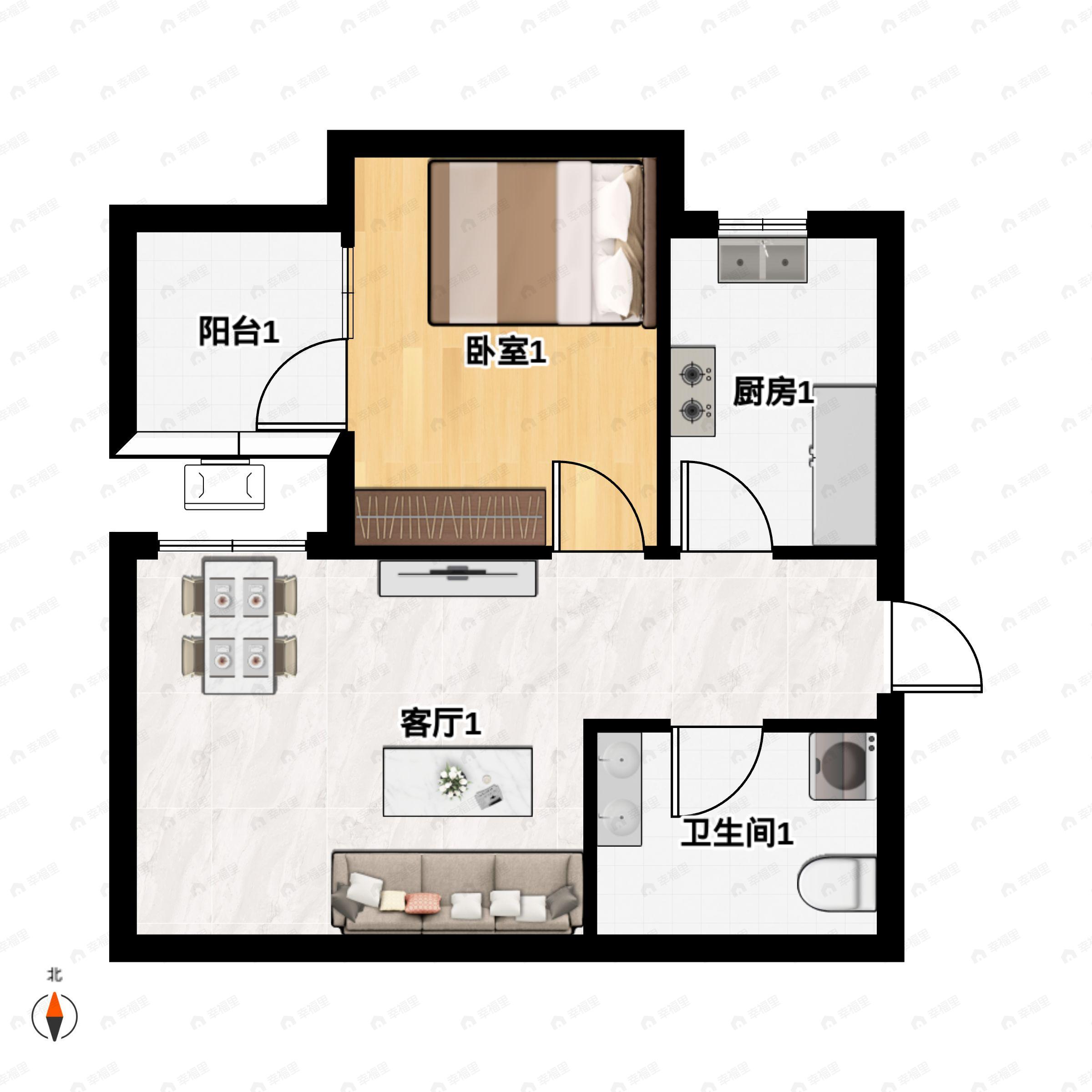 1室1厅1卫建面46平户型图
