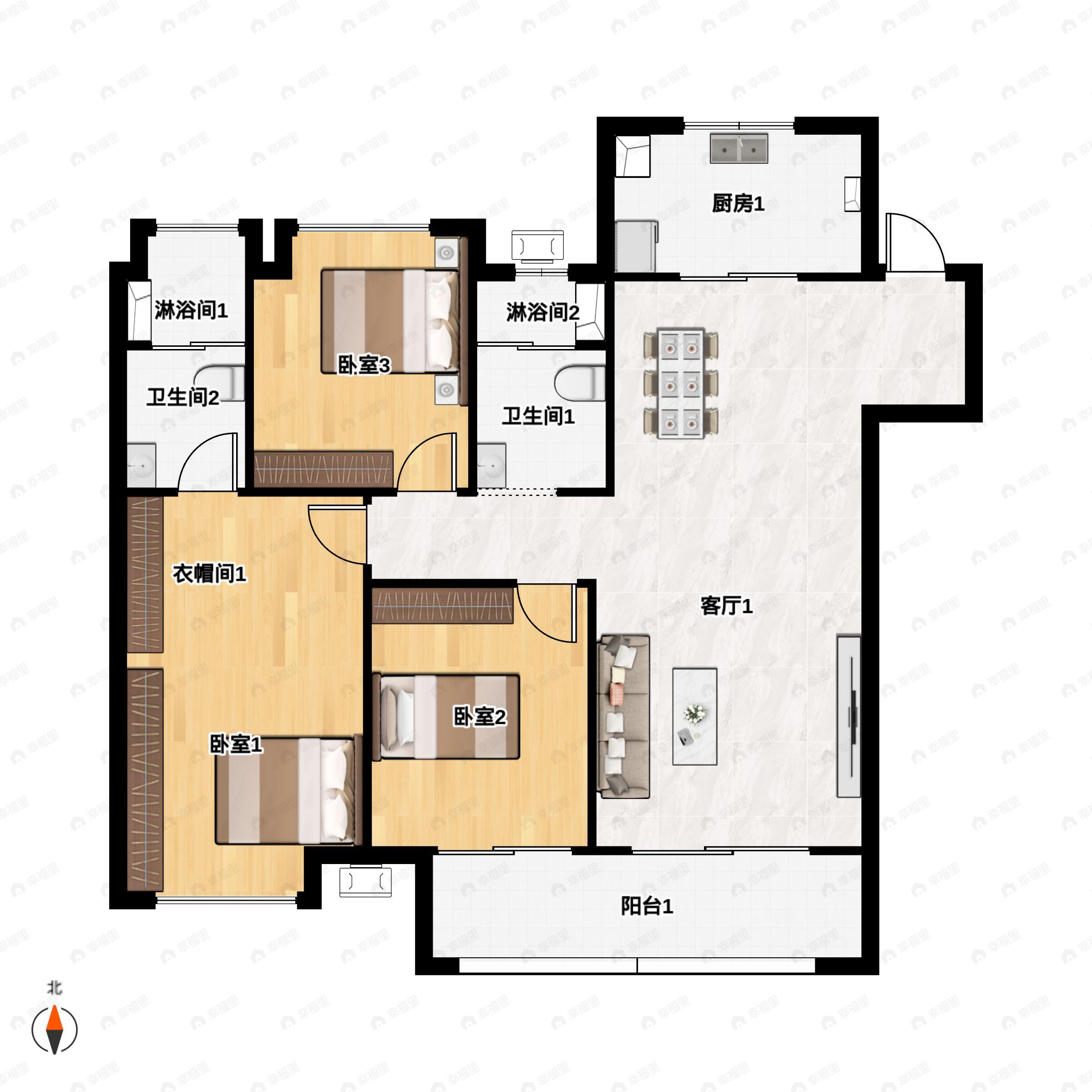 3室2厅2卫建面122平户型图
