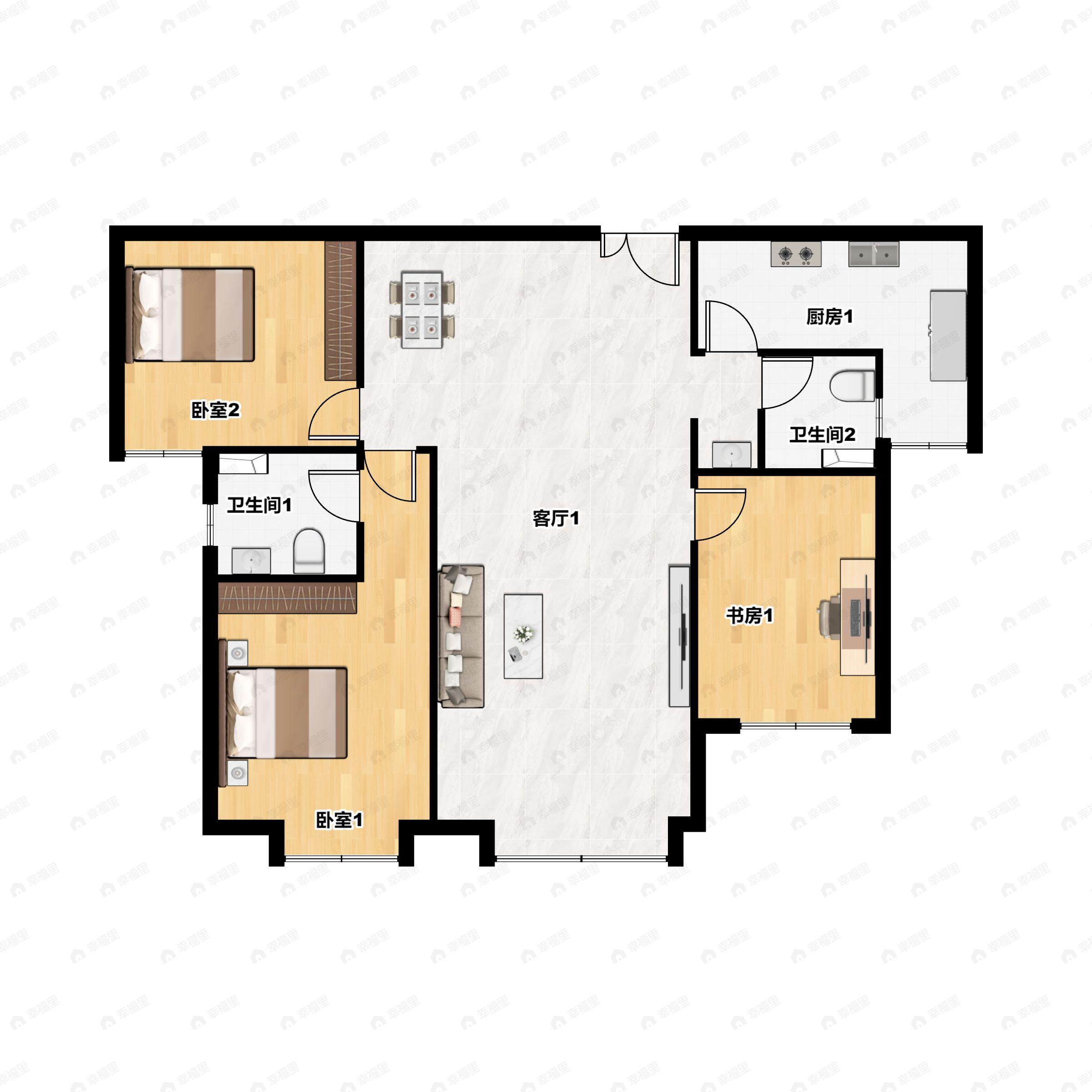 3室2厅2卫建面136平南户型图