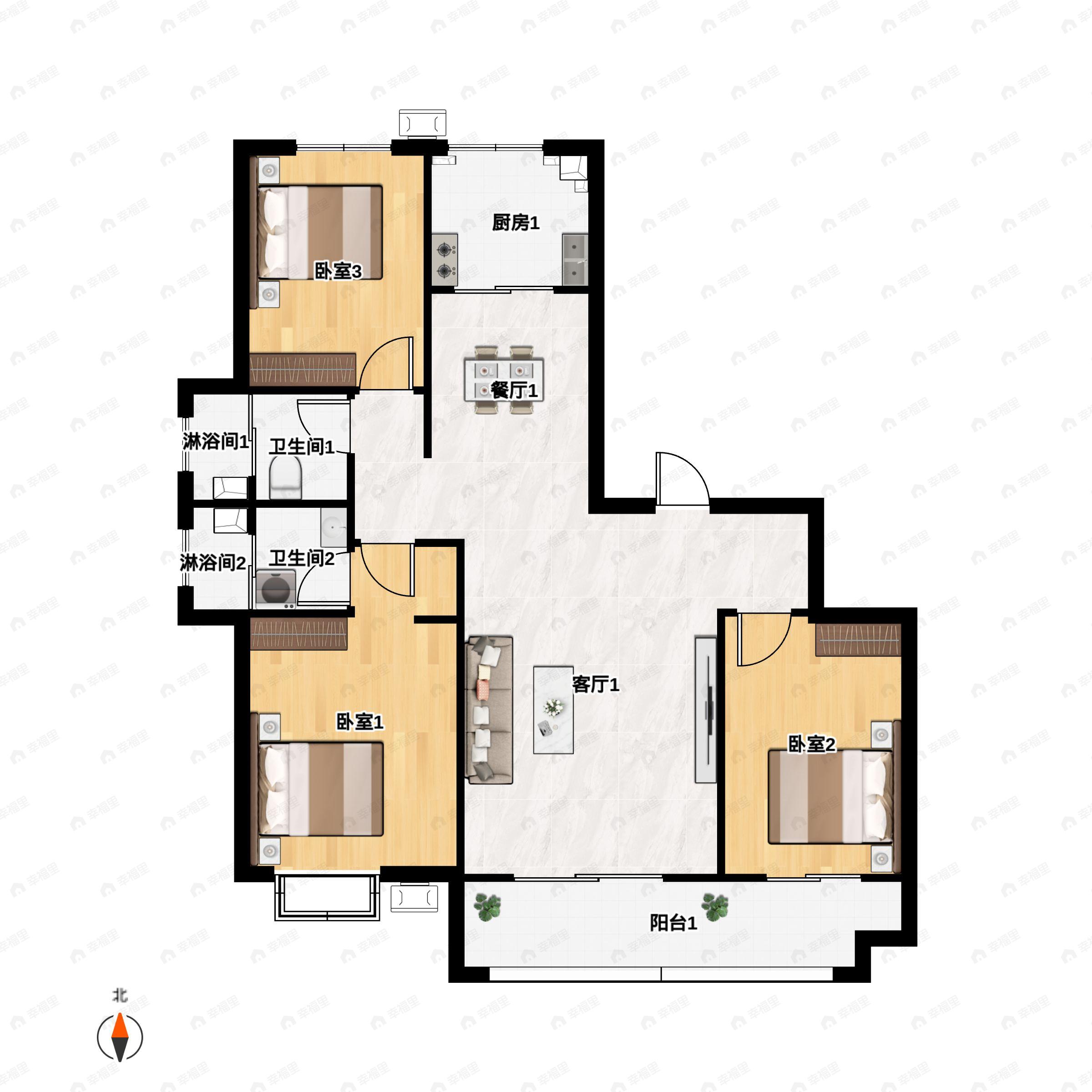 3室2厅2卫建面134平南户型图