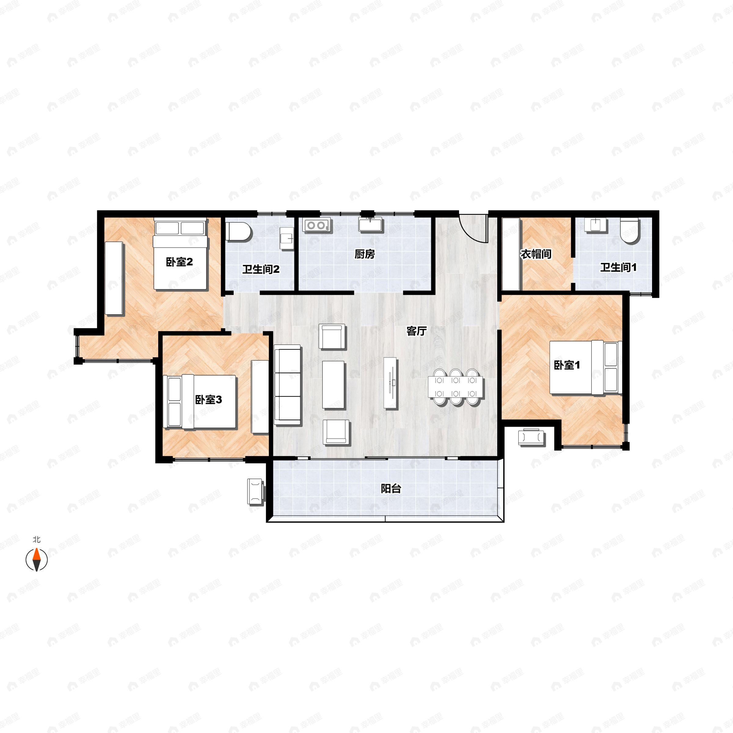 3室2厅2卫建面115m²南户型图