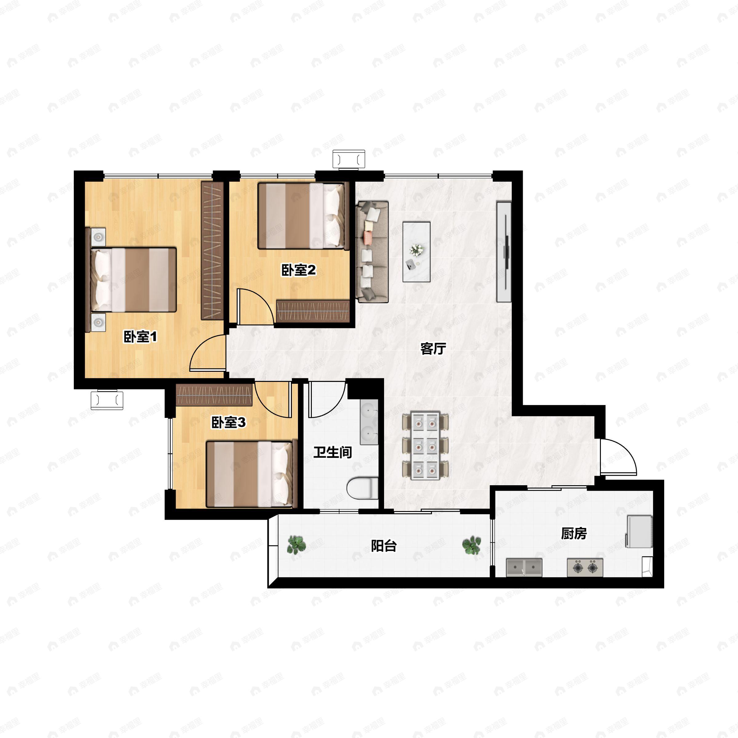 3室2厅1卫建面72平南户型图