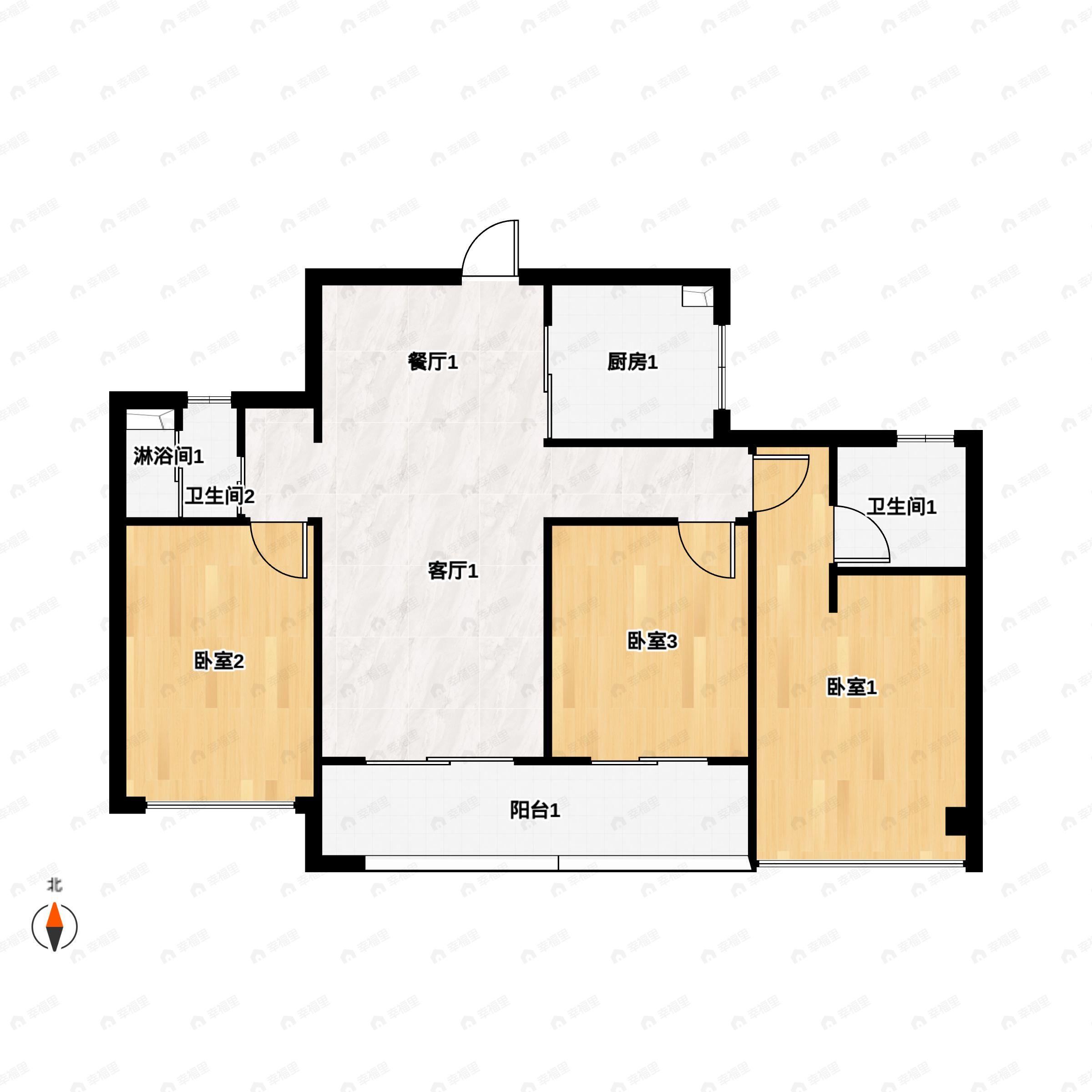 3室2厅2卫建面108m²南户型图