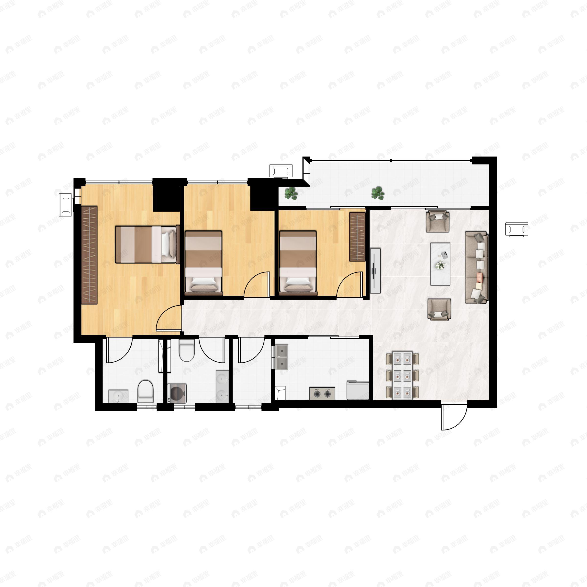 3室2厅2卫建面77m²户型图