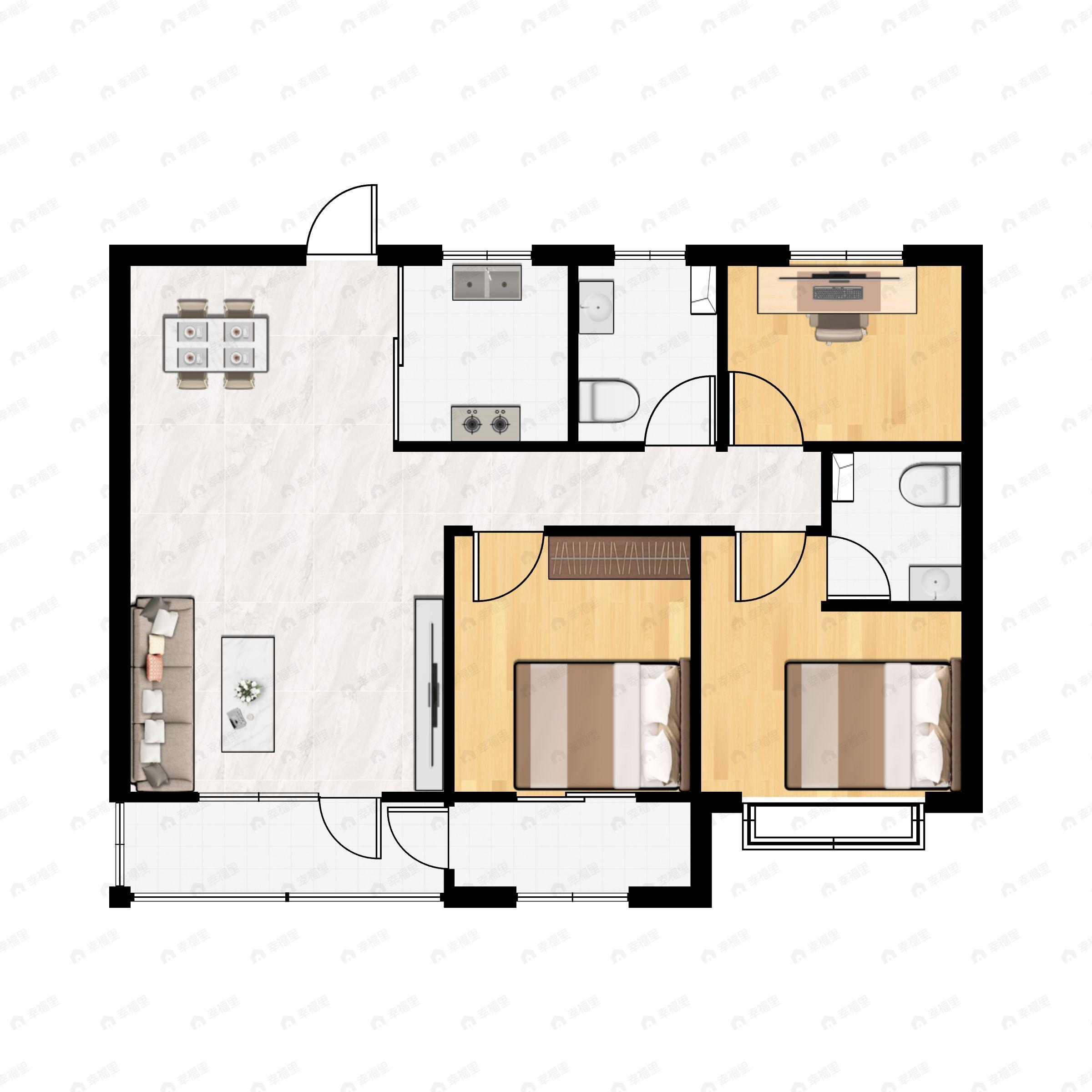 3室2厅2卫建面130m²北|南户型图