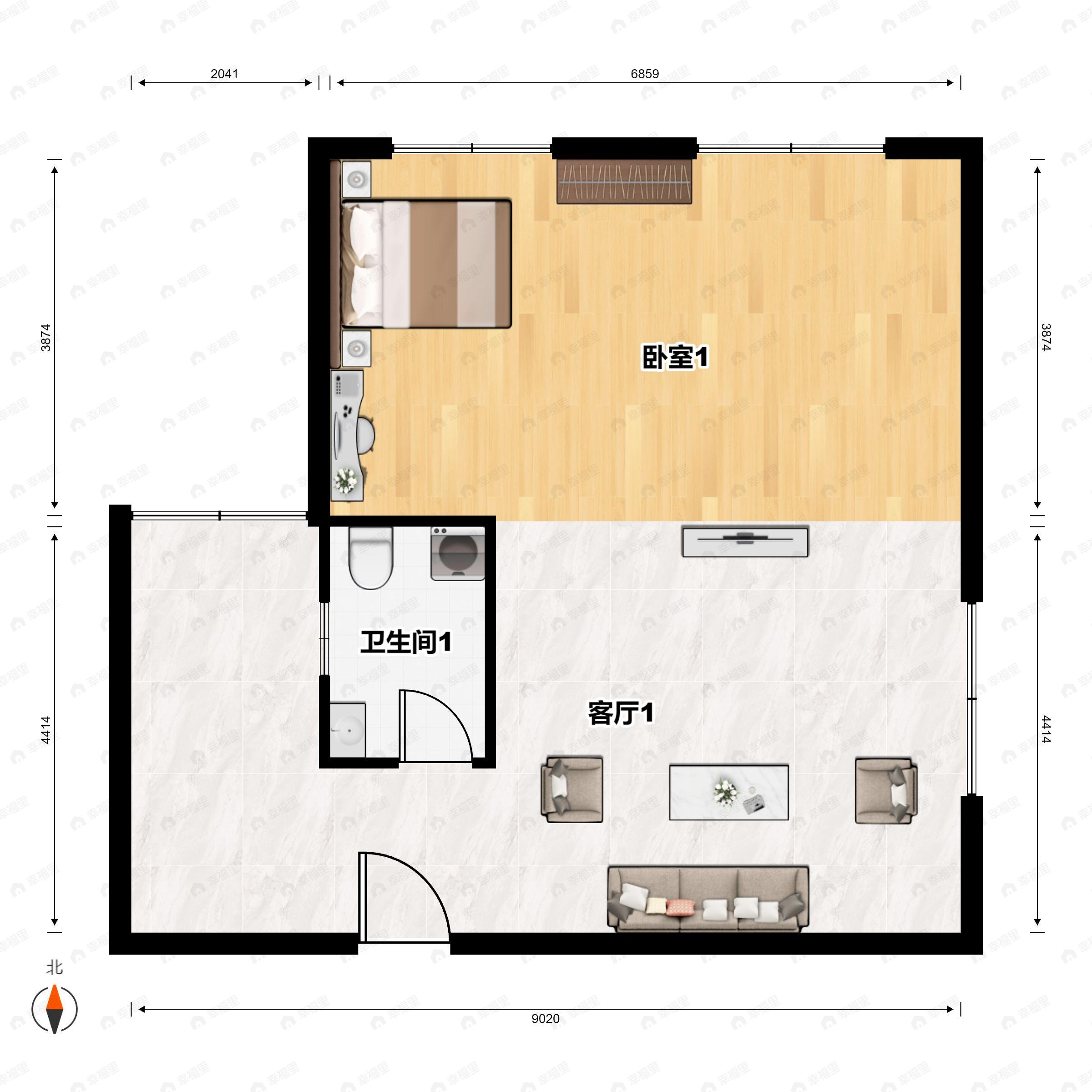 龙腾东麓城2室1厅1卫户型图