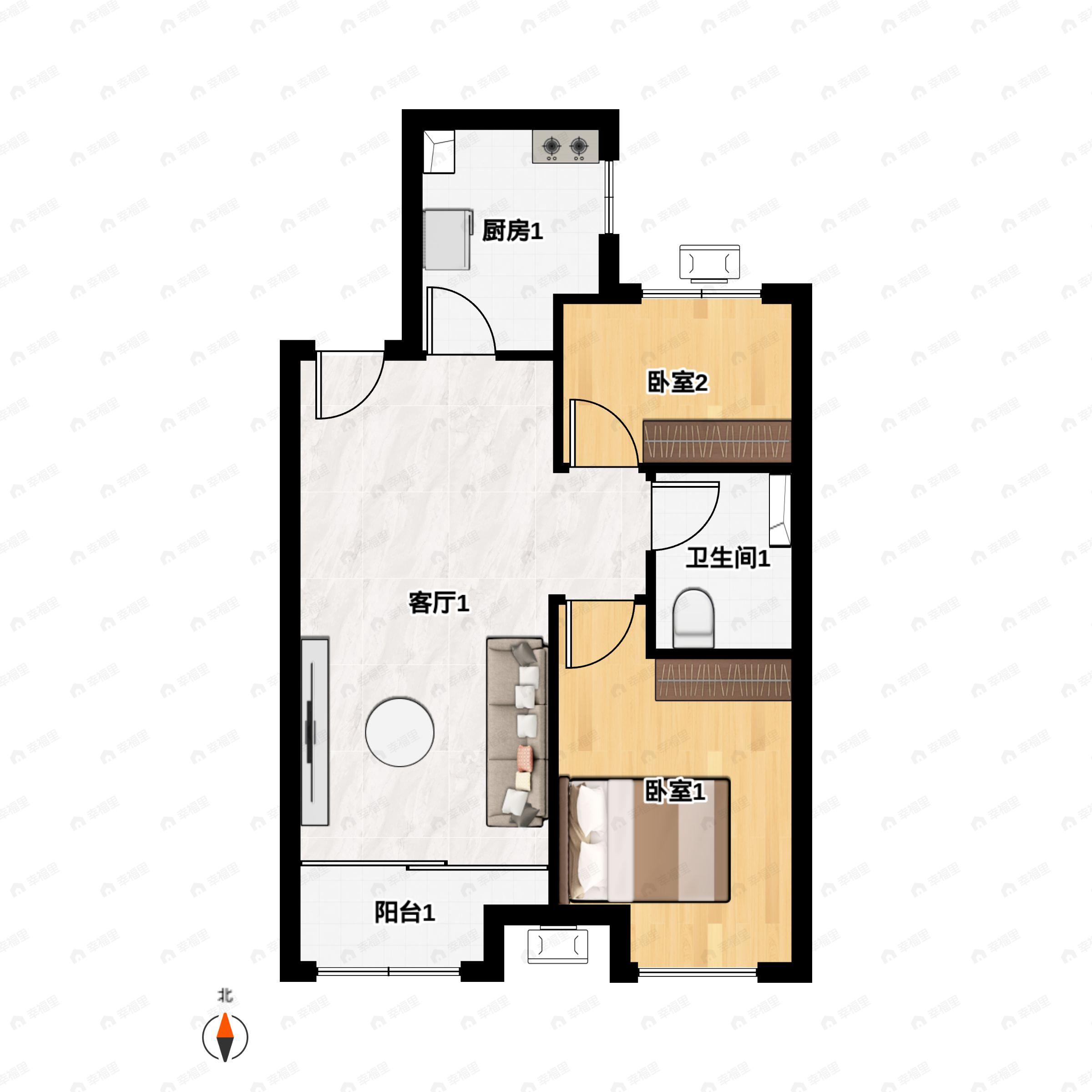 2室2厅1卫建面69m²北|南户型图