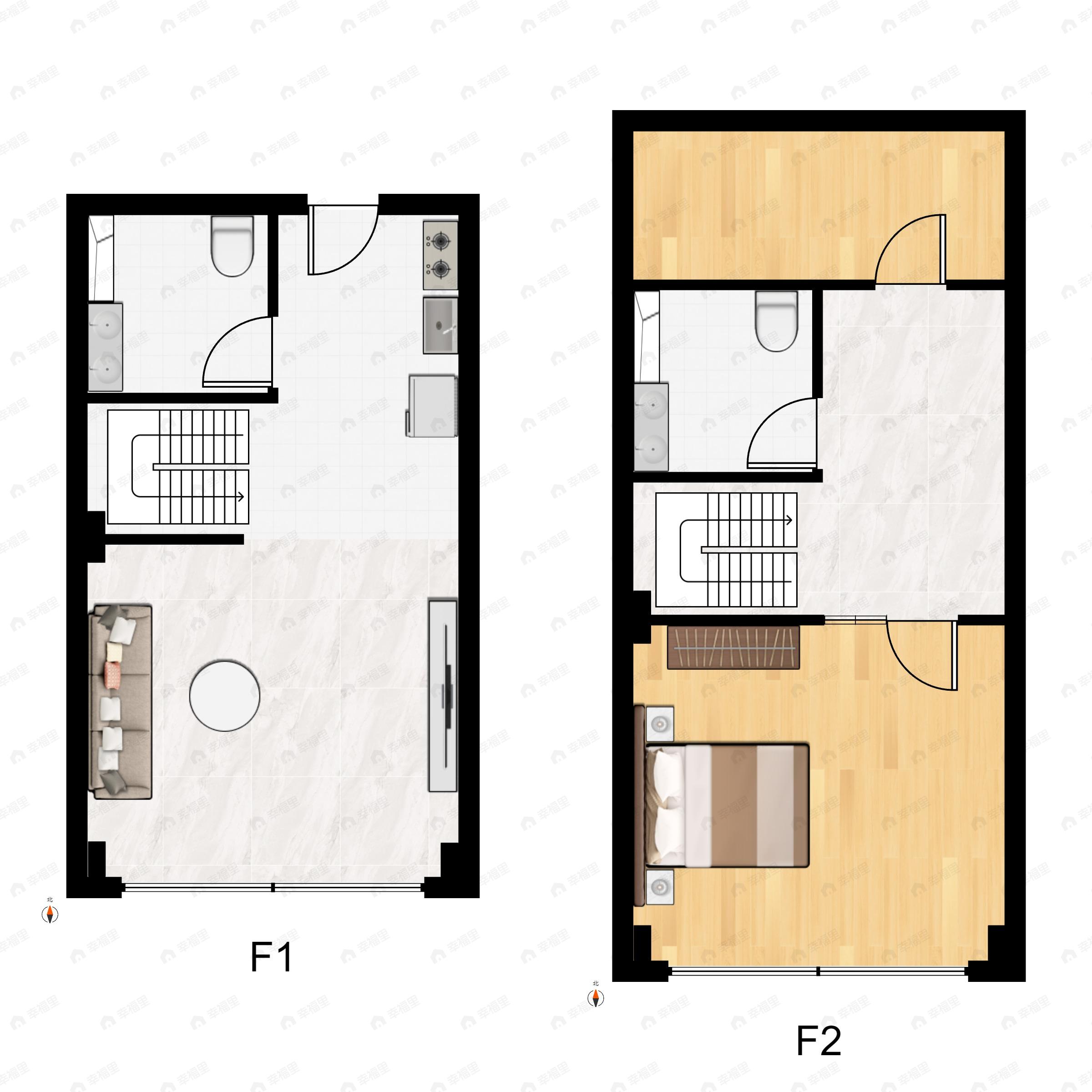 1室2厅2卫建面53m²东|南|西|北户型图