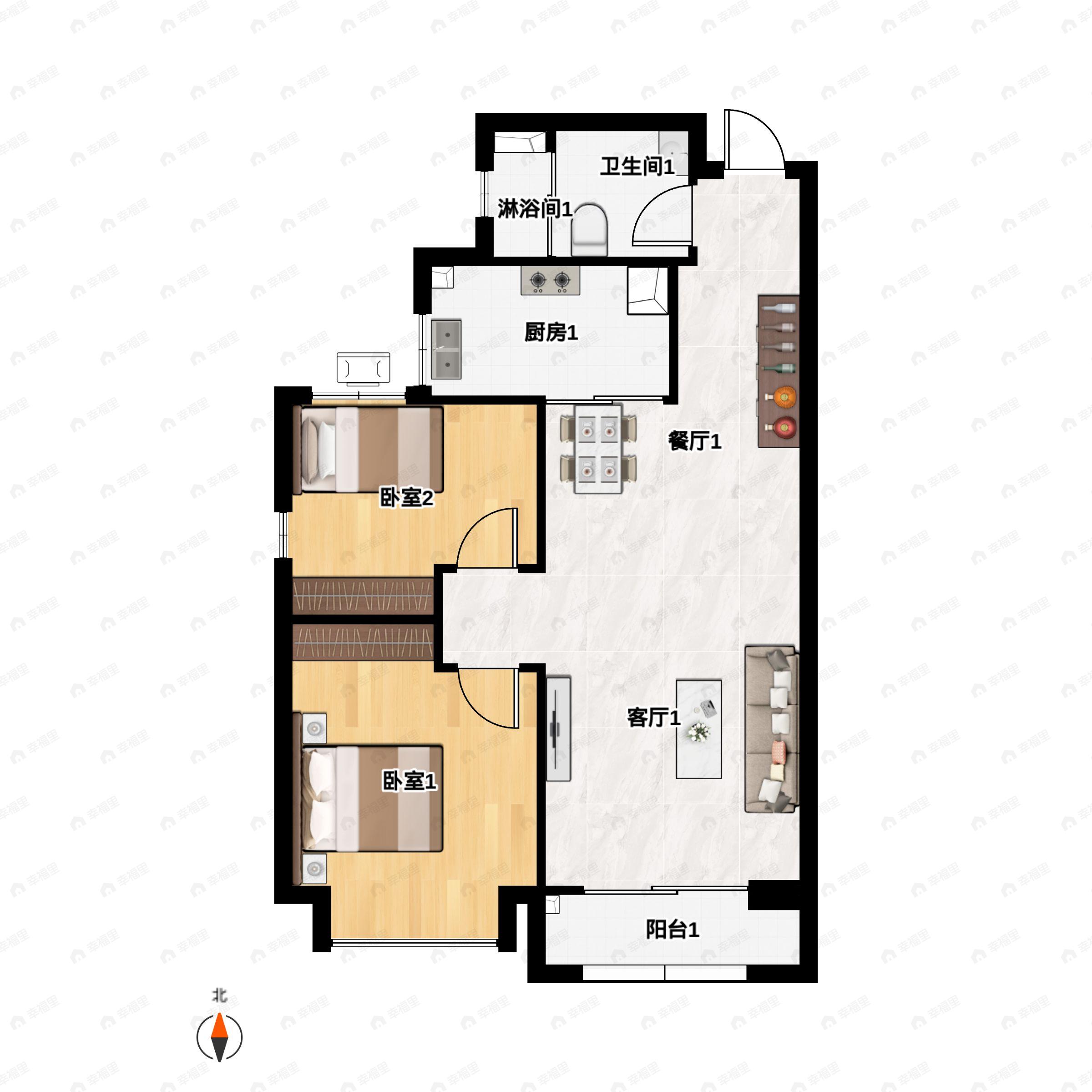 2室2厅1卫建面80m²南|北户型图