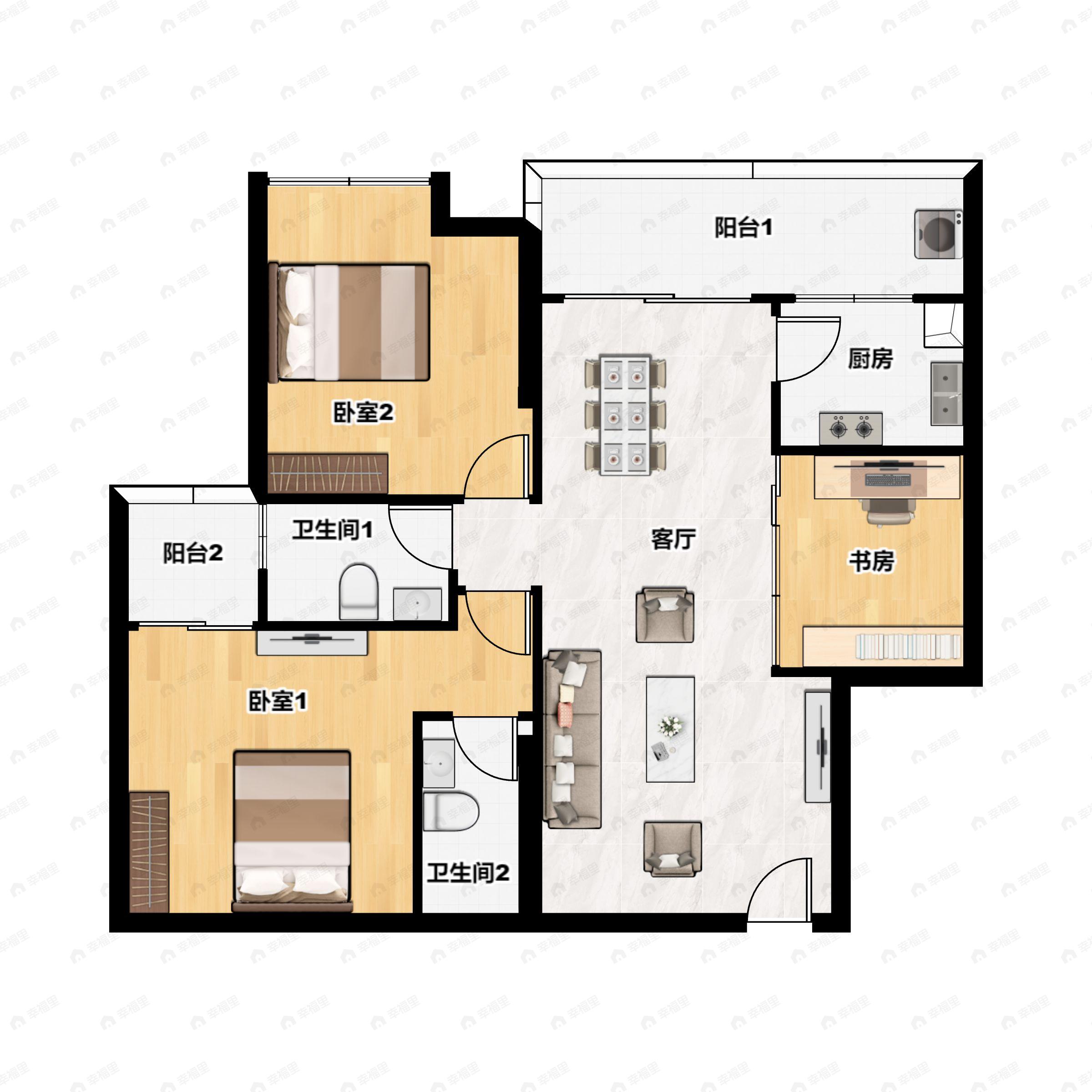 3室2厅2卫建面102平户型图