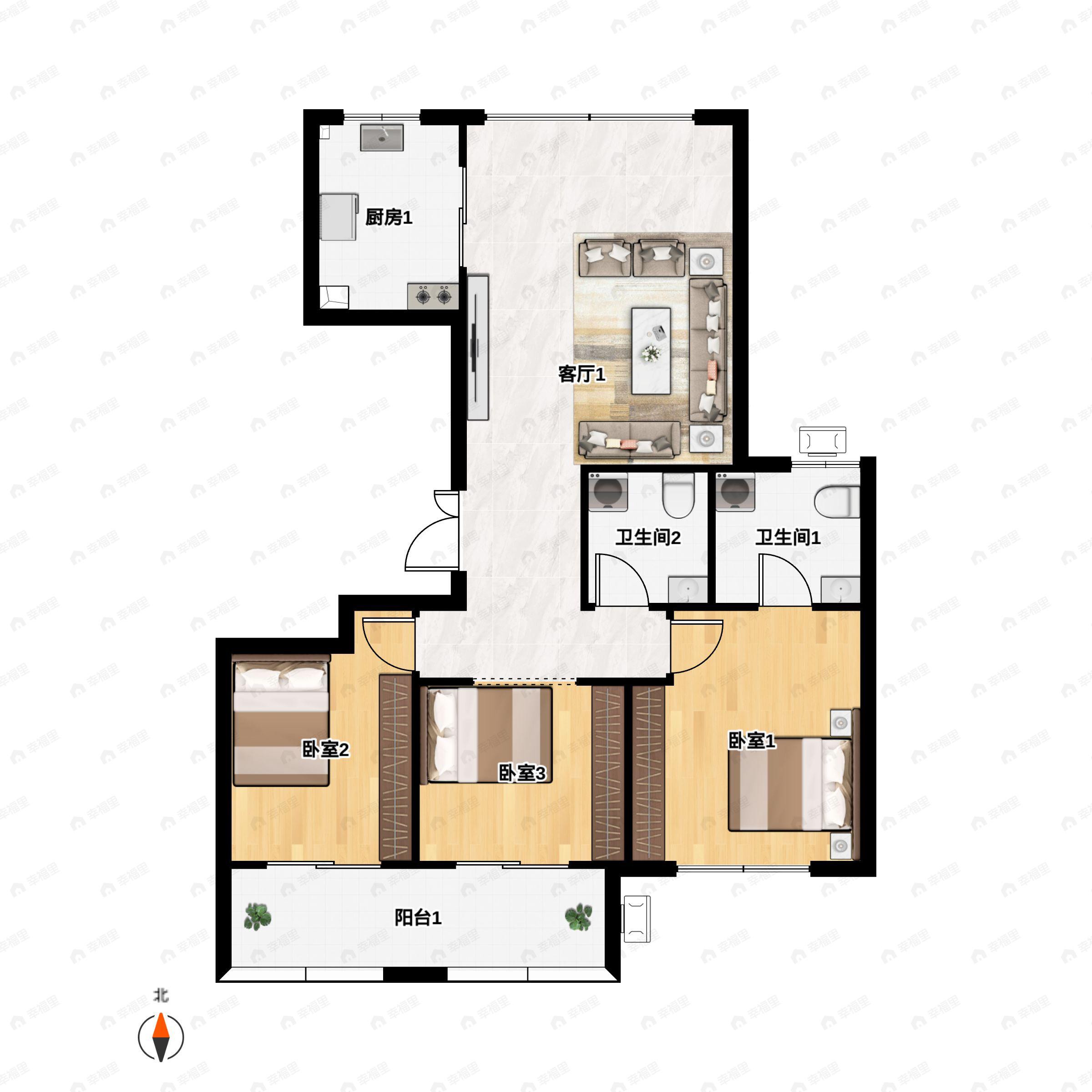 3室2厅2卫建面109m²南户型图
