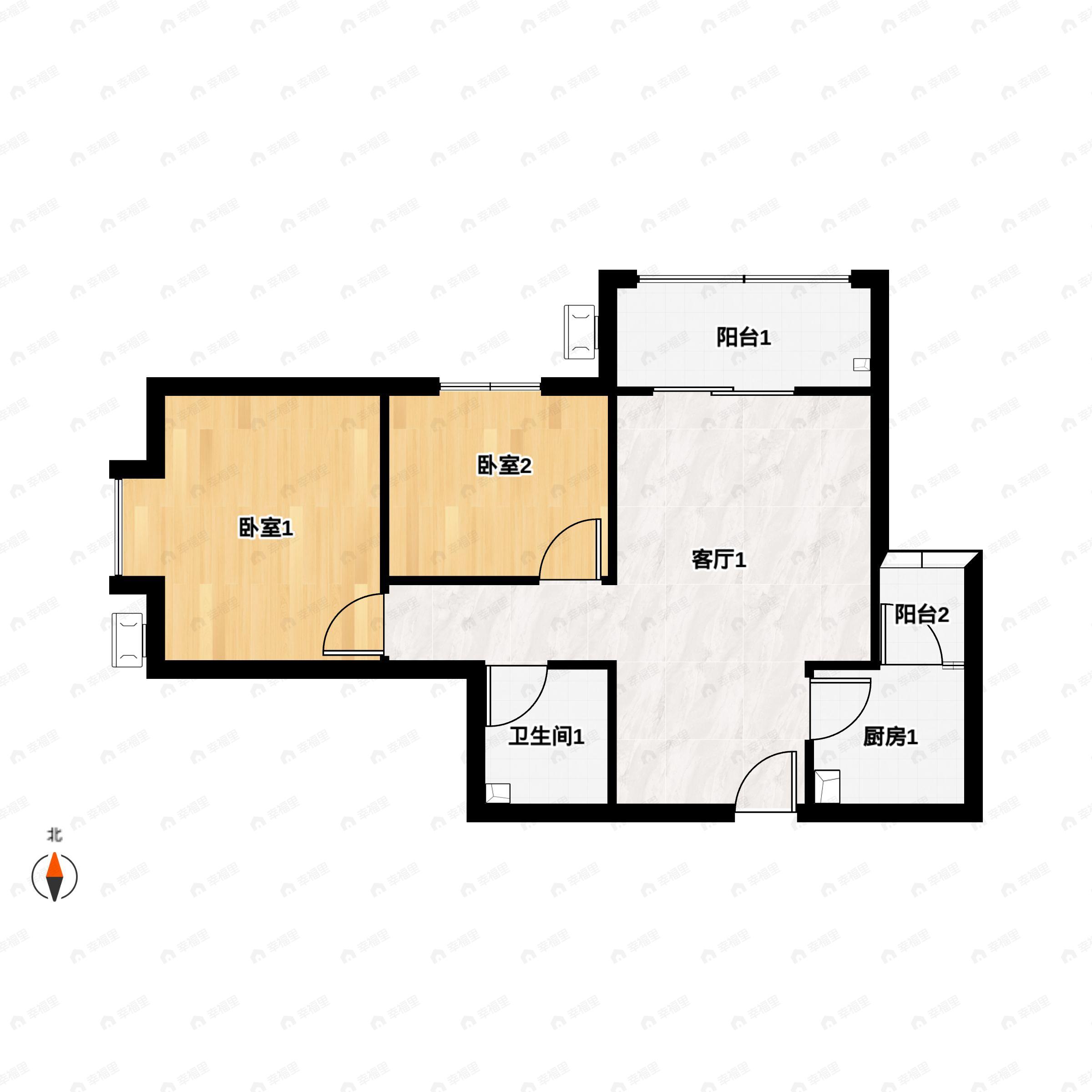 2室2厅1卫建面89m²北|南户型图