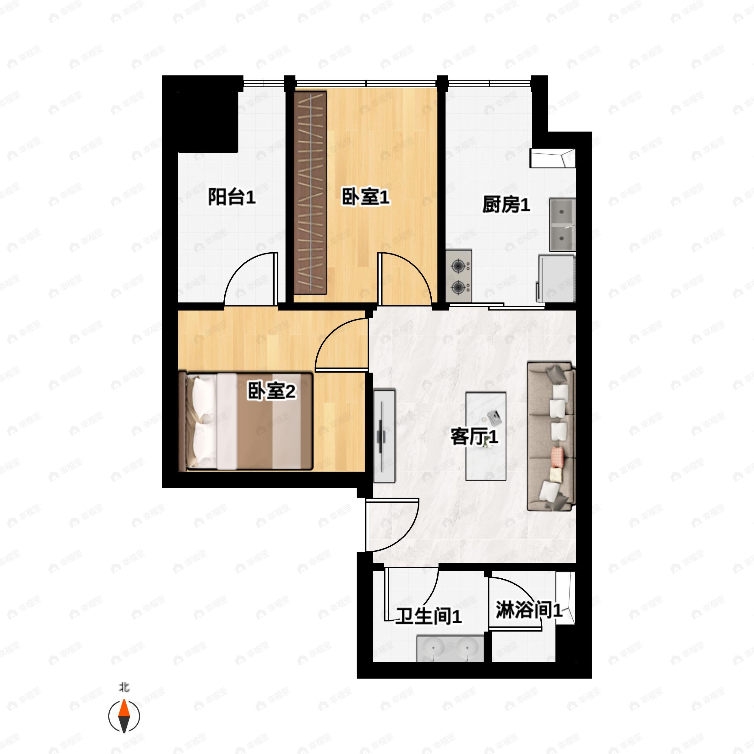 2室1厅1卫建面54平北户型图