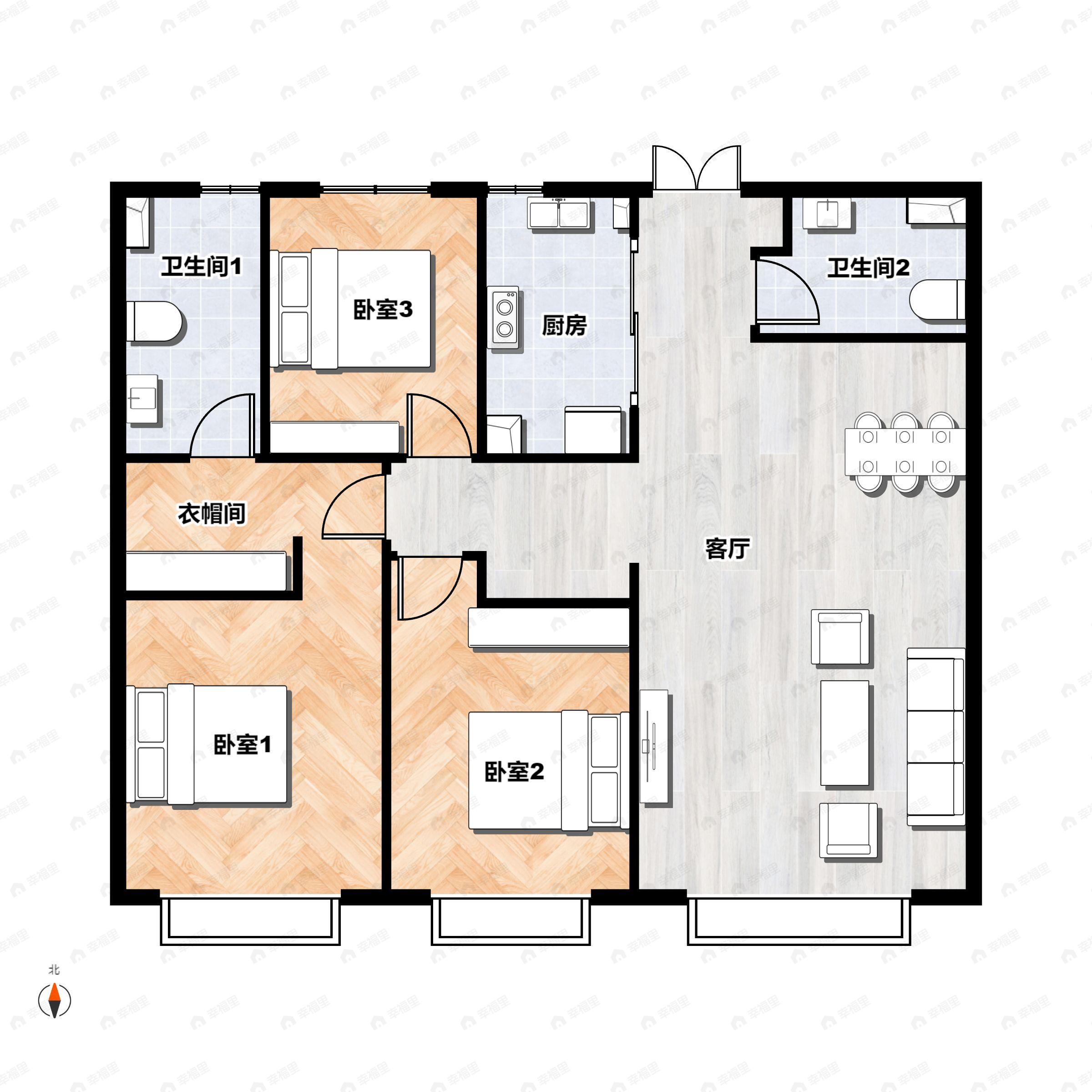 3室2厅2卫建面118平北|南户型图