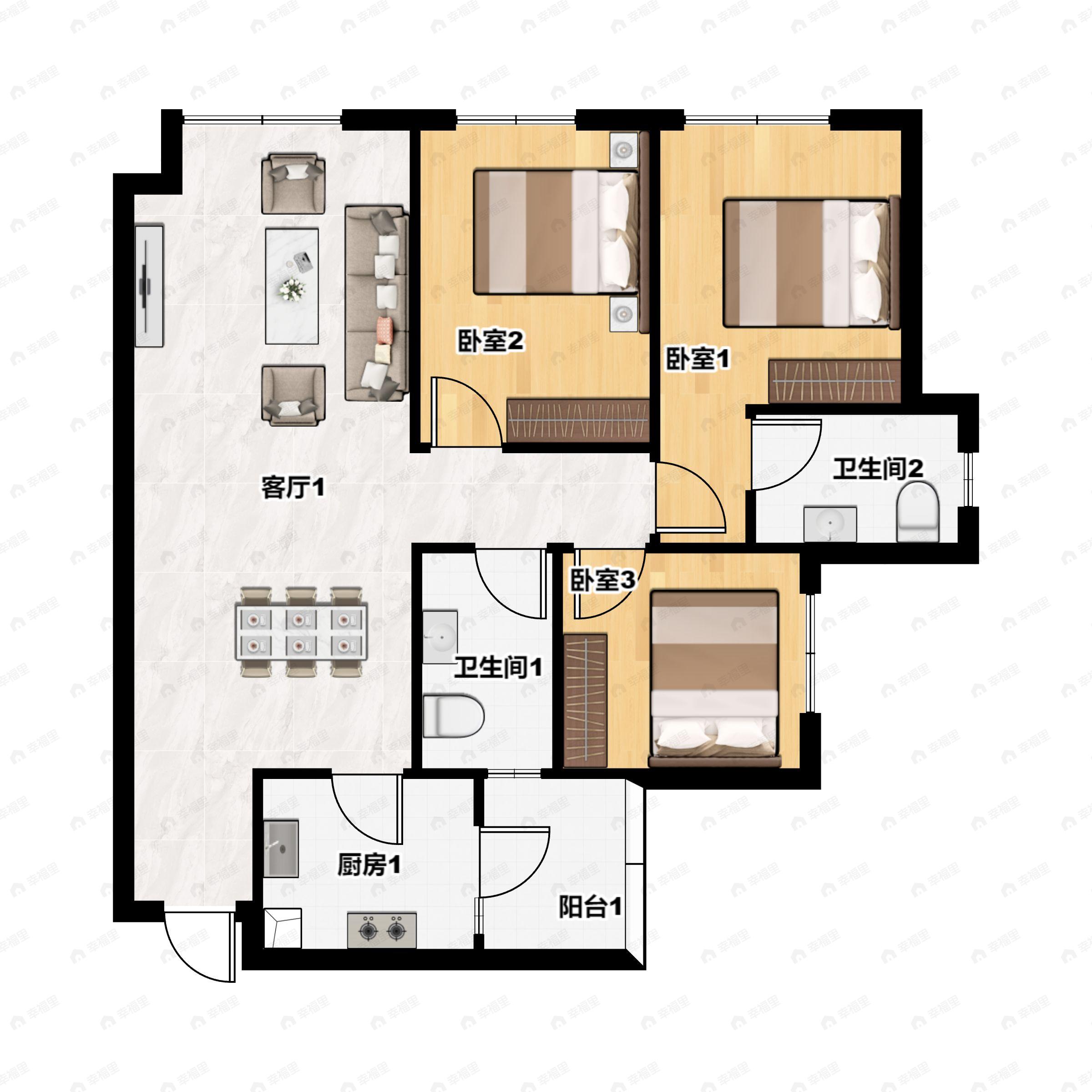 3室2厅2卫建面83平户型图