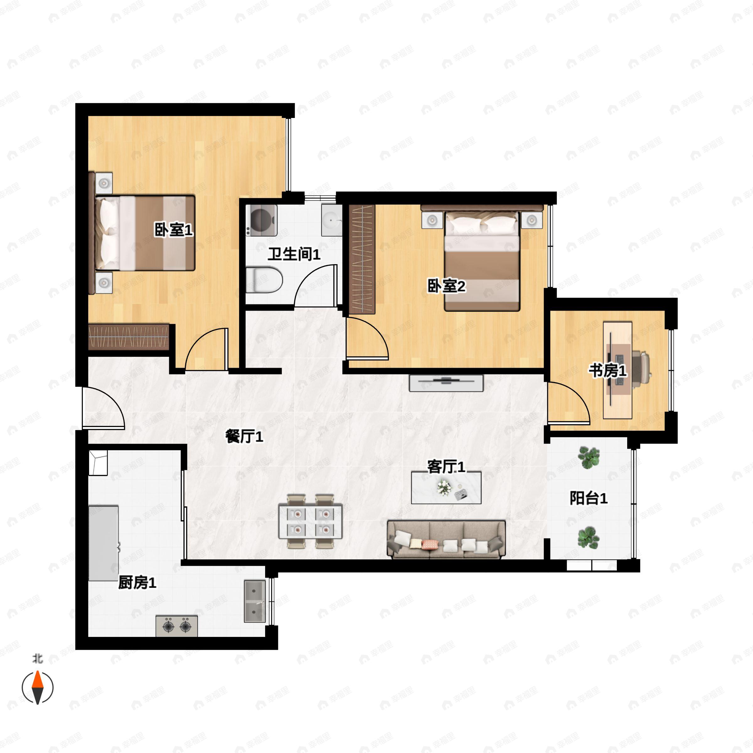2室2厅1卫建面85m²西北|西南|东南户型图