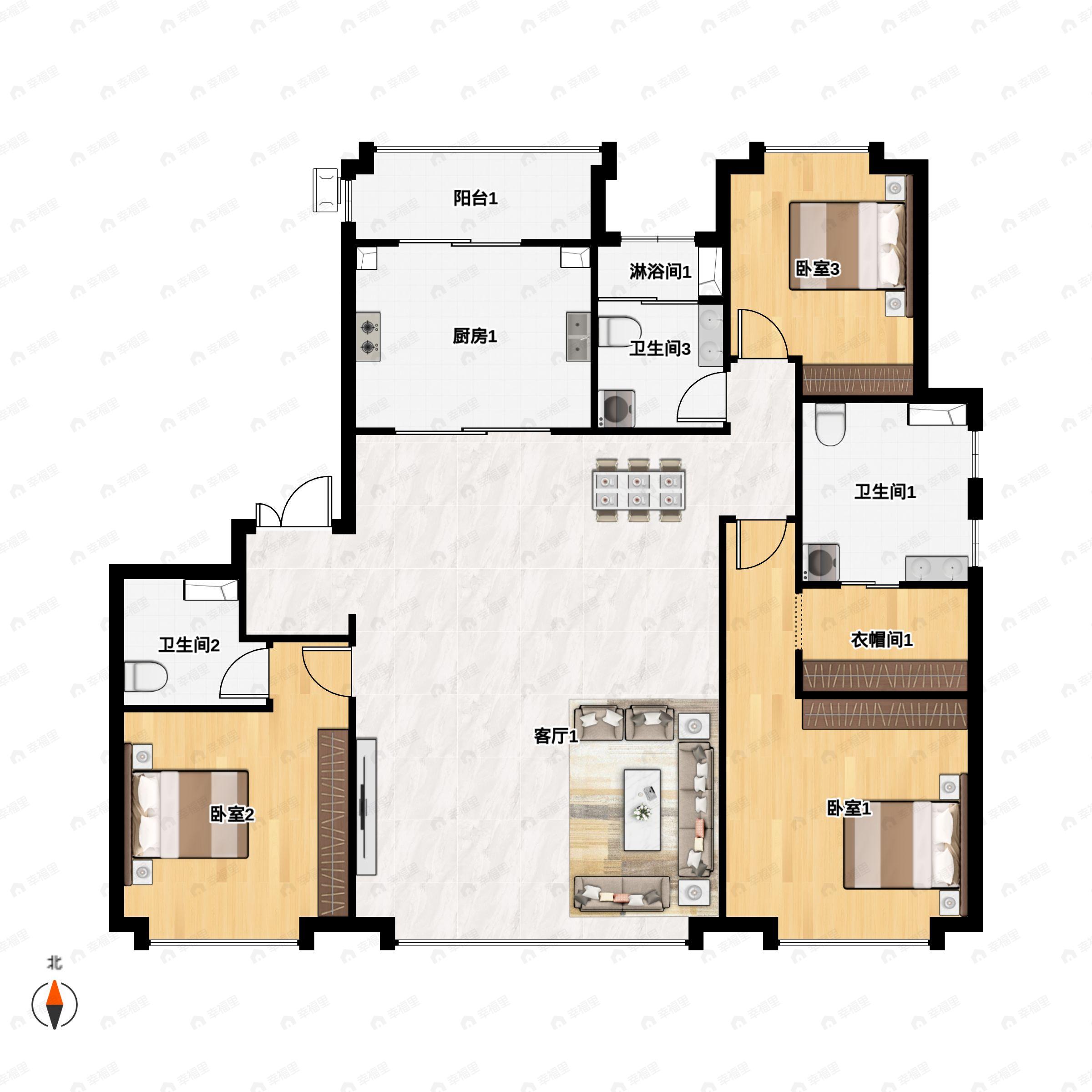 3室2厅3卫建面193m²南户型图