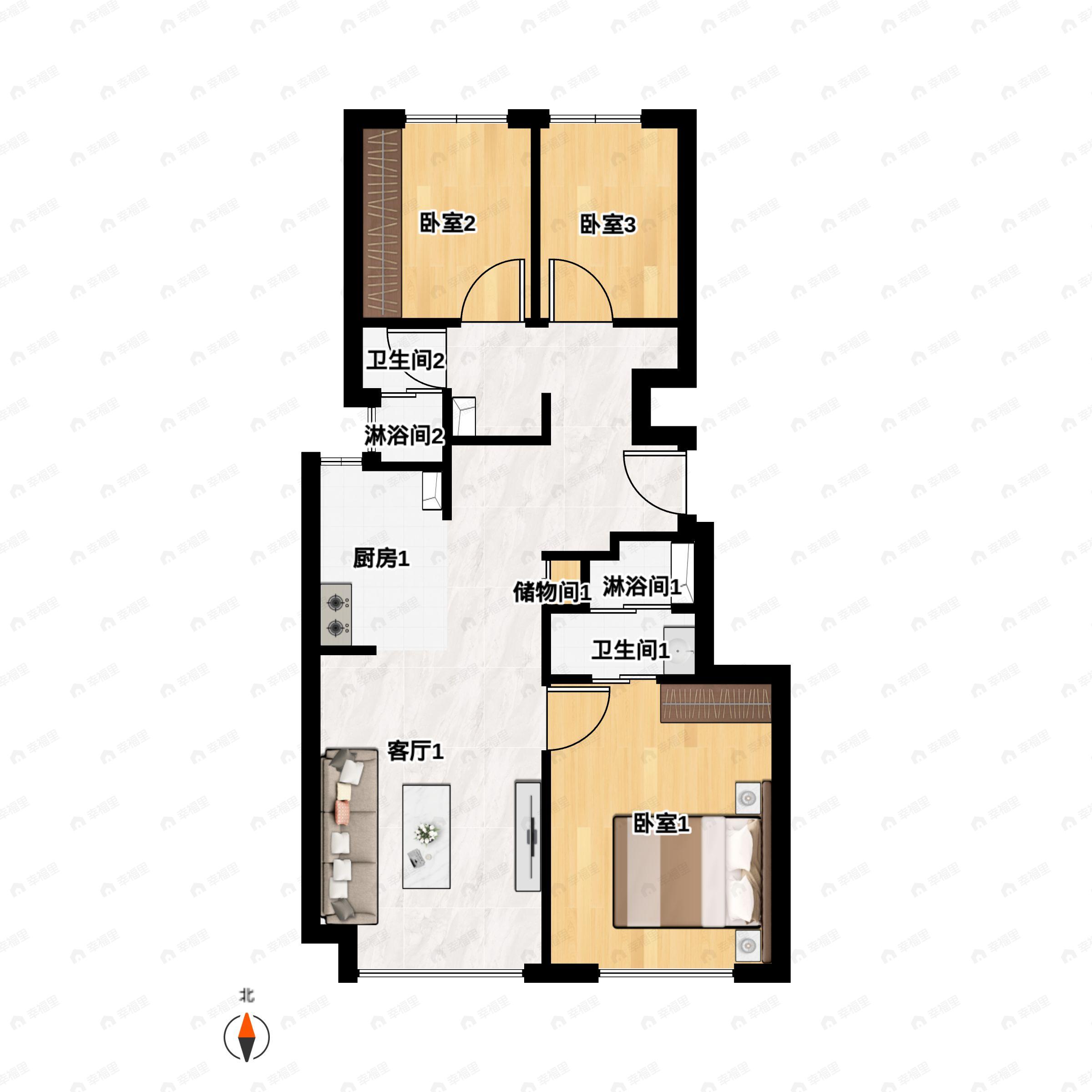 3室2厅2卫建面89平南|北户型图