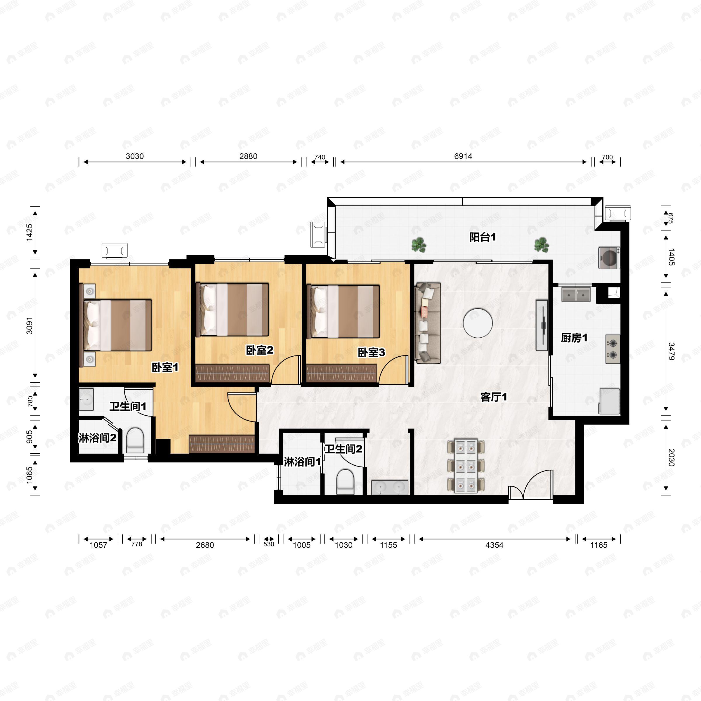3室2厅2卫建面79平北户型图