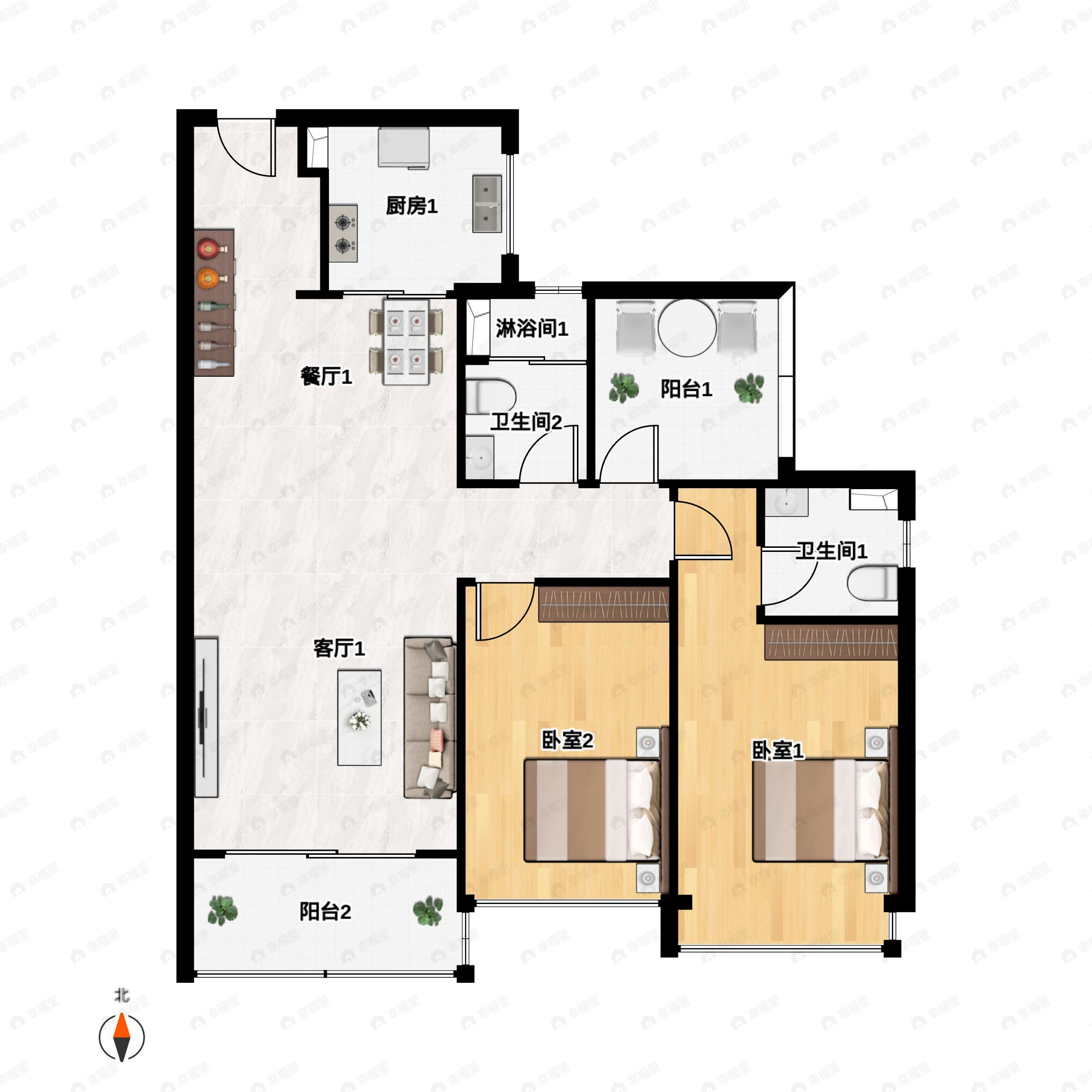 2室2厅2卫建面88m²东南户型图