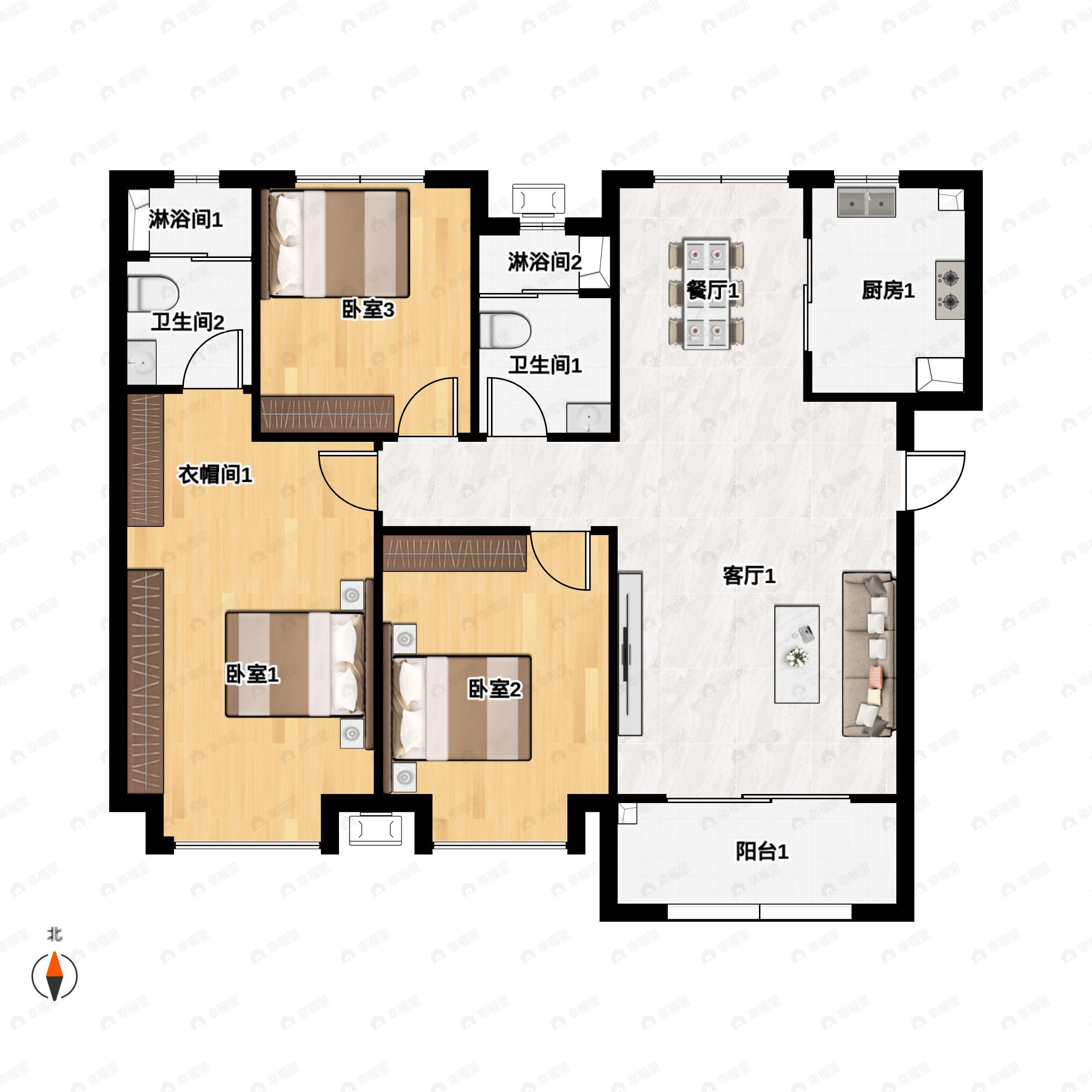 3室2厅2卫建面118平南|北户型图