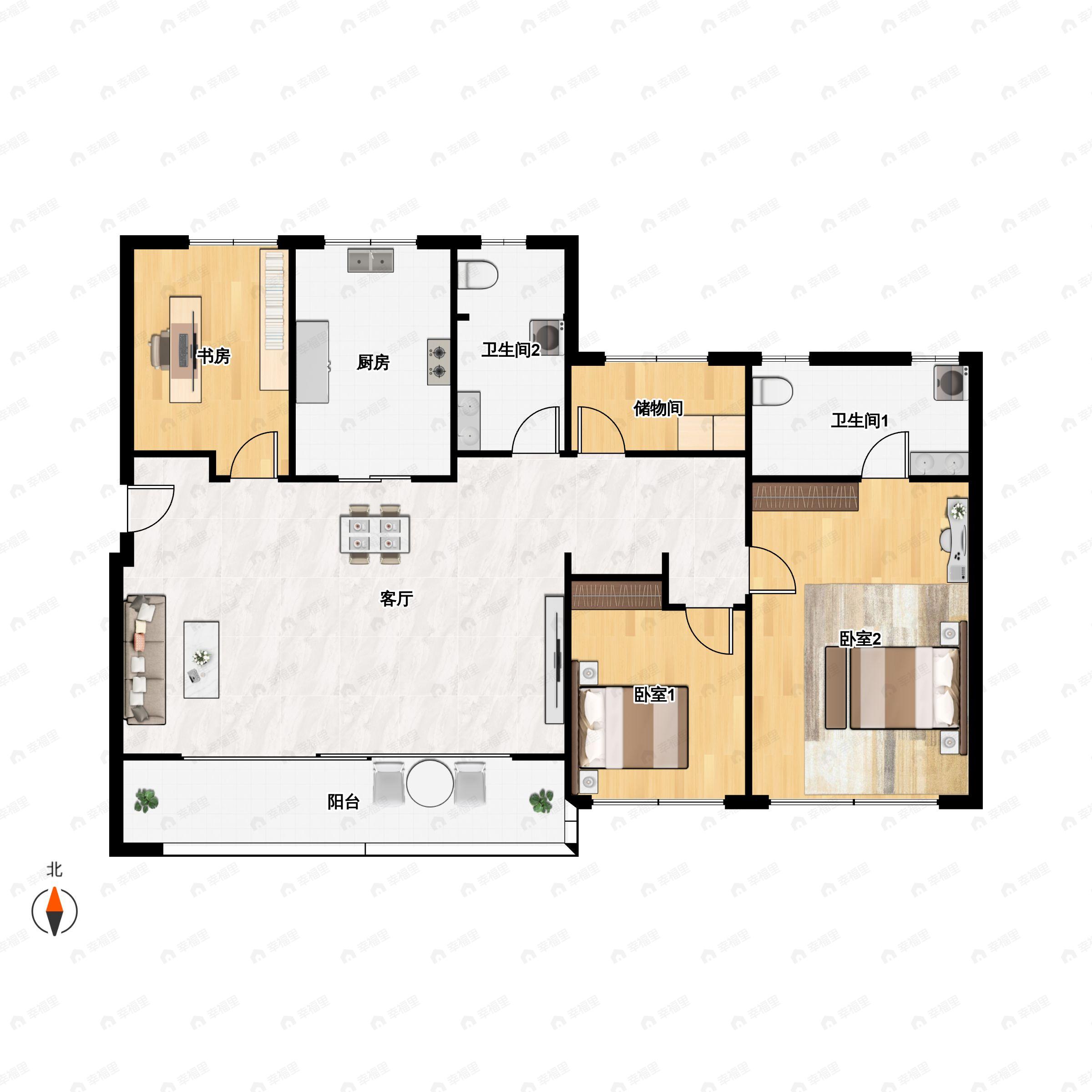 3室2厅2卫建面138平北|南户型图