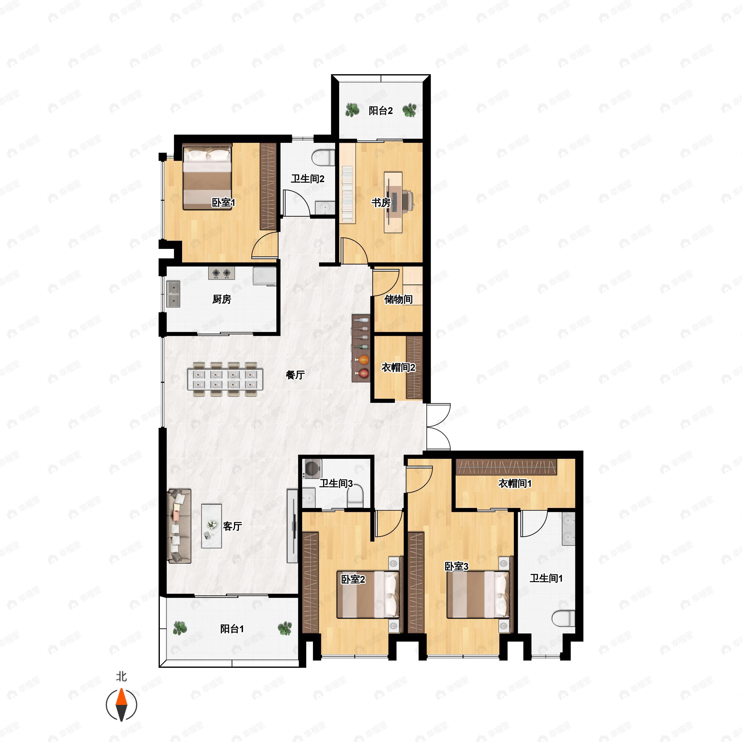 4室2厅3卫建面220平南户型图
